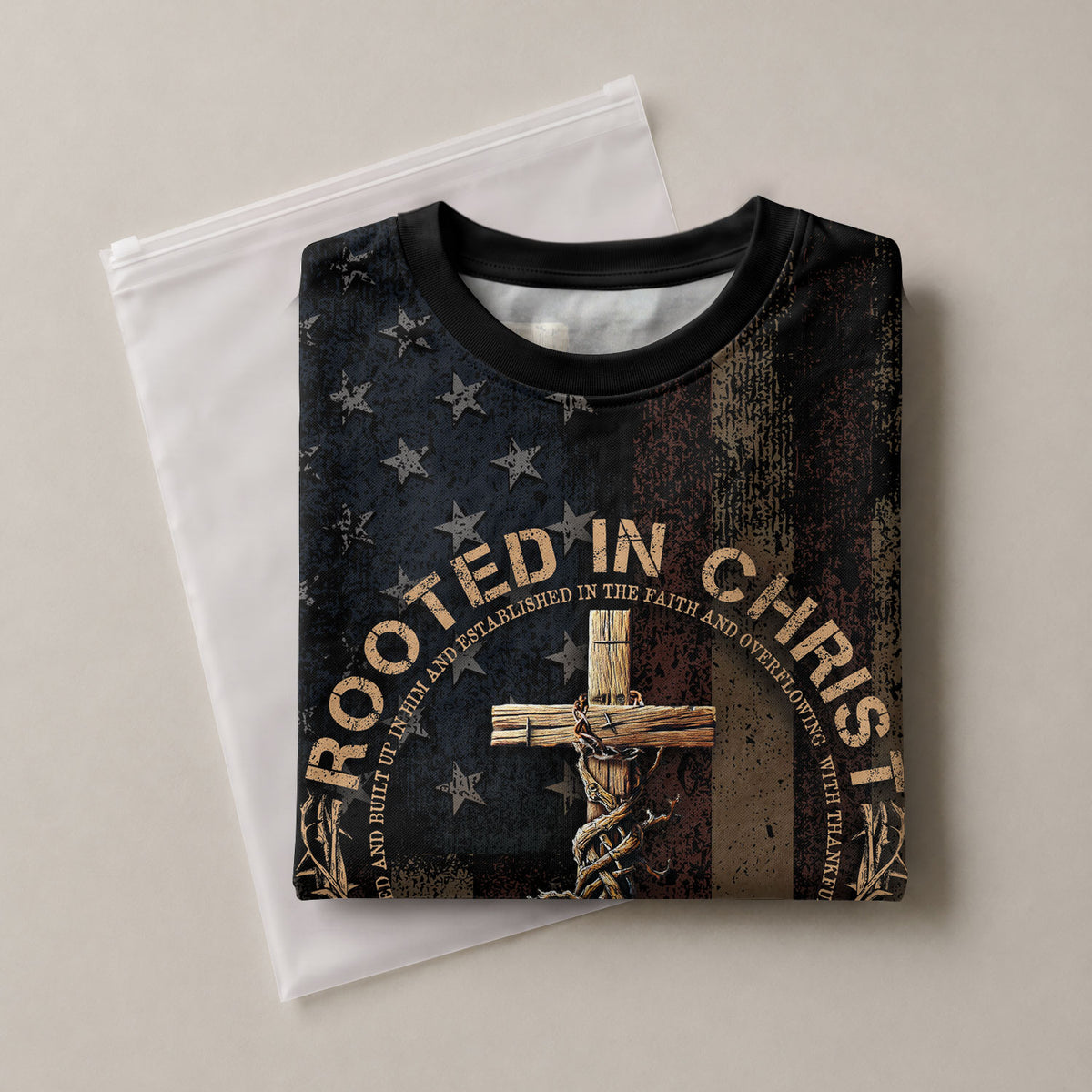 Rooted in Christ Colossians 2 7 and Crown of Thorns Patriotic - Christian Tee Shirts for Men, Freedom Shirts, RustField Co - Rust Field Wear