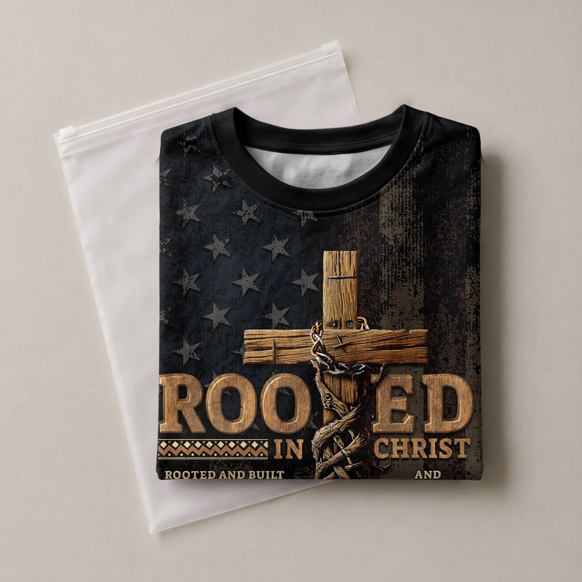Rooted in Christ Colossians 2 7 Cross and American Flag Christian Tee Shirts - Freedom Shirts for Men, RustField Co - Rust Field Wear