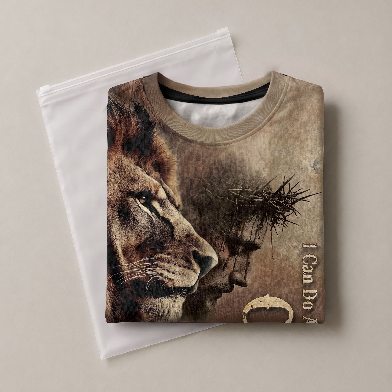 Christian Tee Shirts for Men - Through Christ I Stand Lion and Cross Faith, RustField Co Freedom Shirts - Rust Field Wear