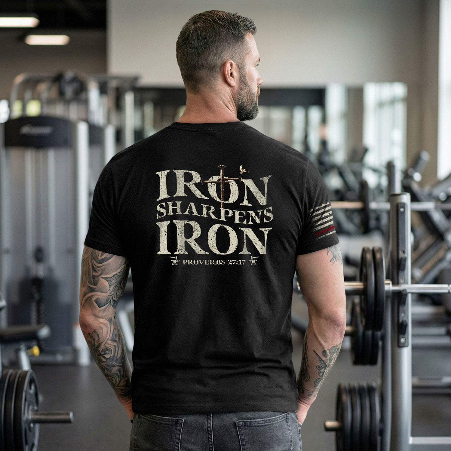 Christian Tee Shirts, Iron Sharpens Iron , Christian Cross and American Flag - Christian Shirts for Men - Rust Field Wear