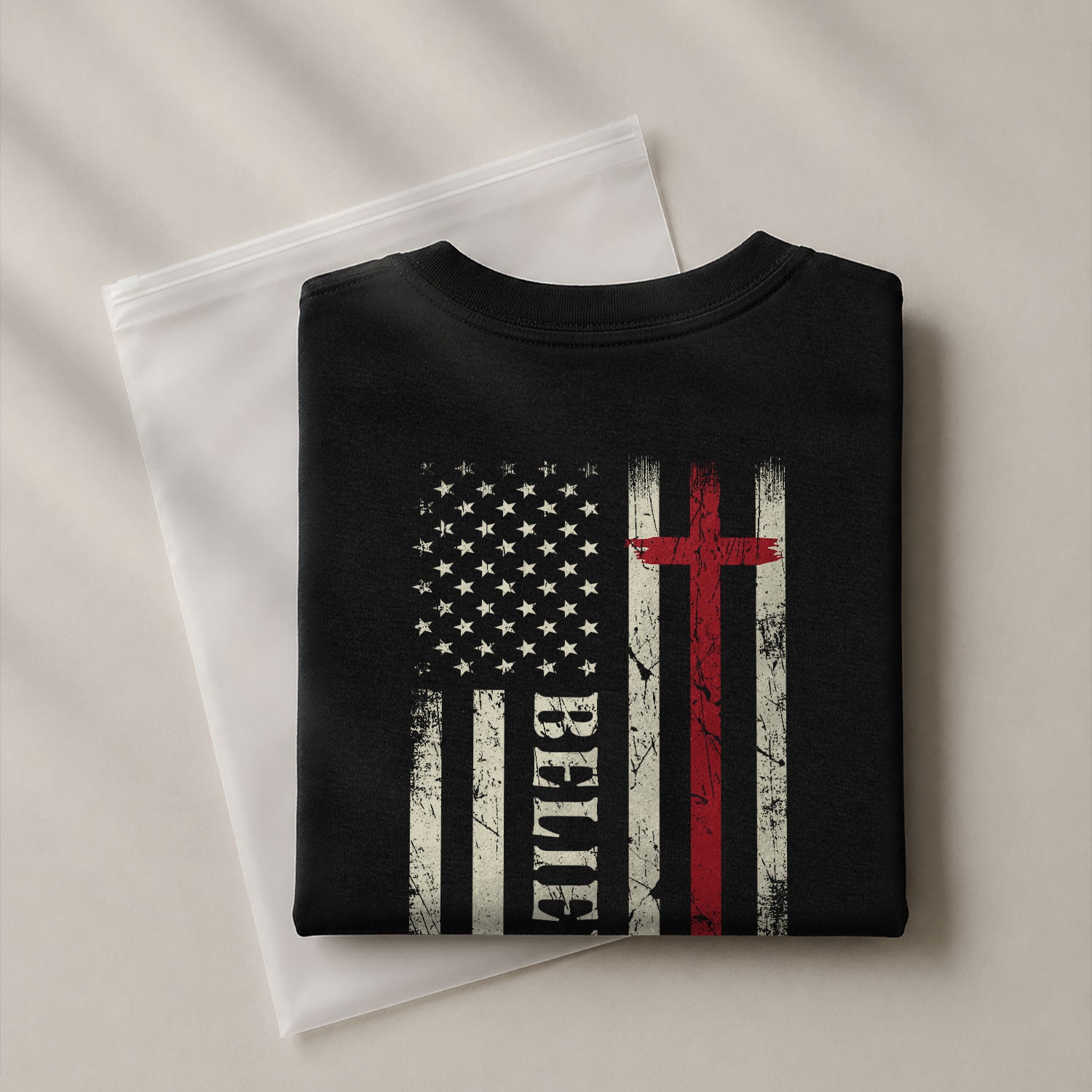 Believe American Flag Cross, Christian Tee Shirts - Faith Shirts for Men - Rust Field Wear