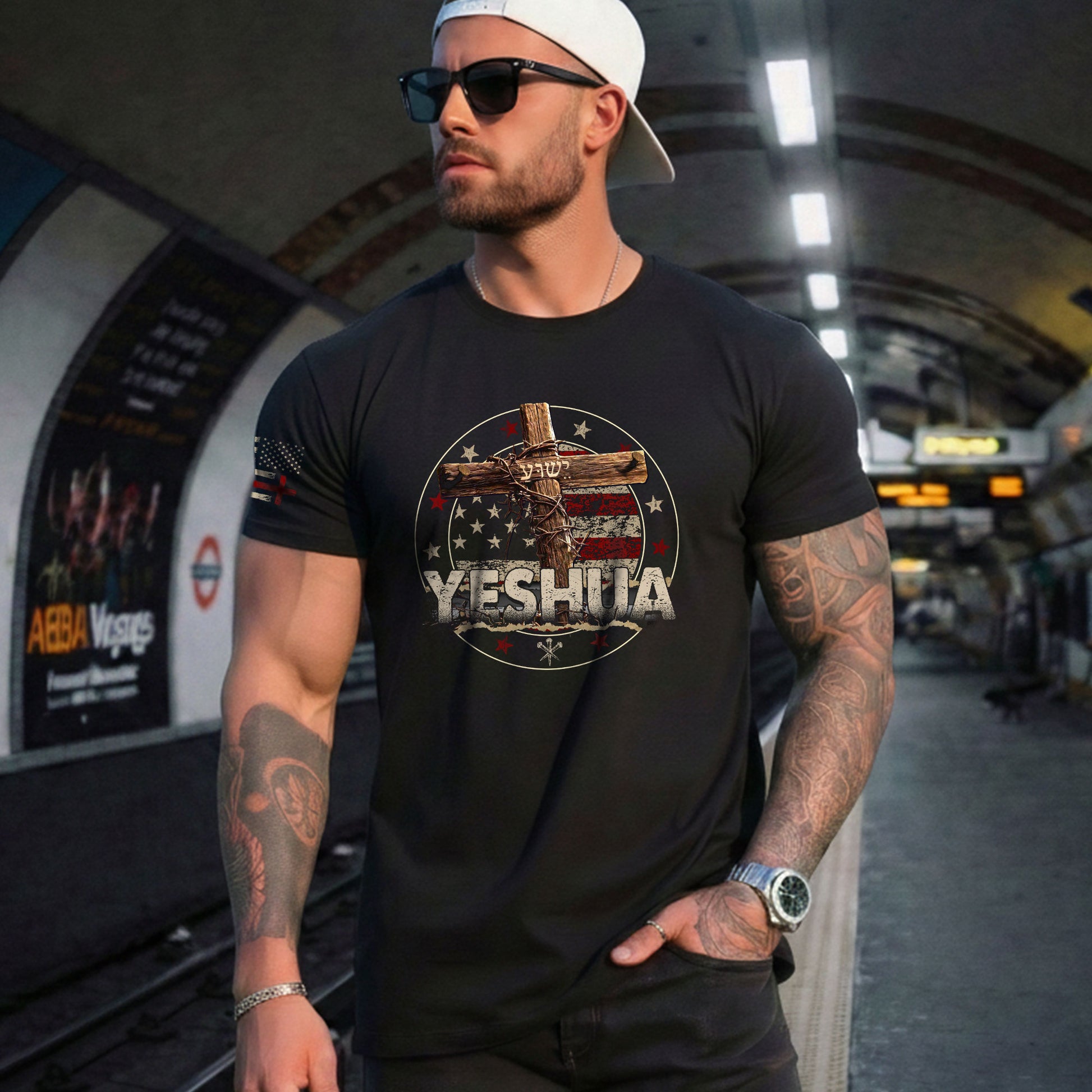 Christian Shirts for Men - Yeshua Cross and Flag, Christian Tee Shirts - Rust Field Wear