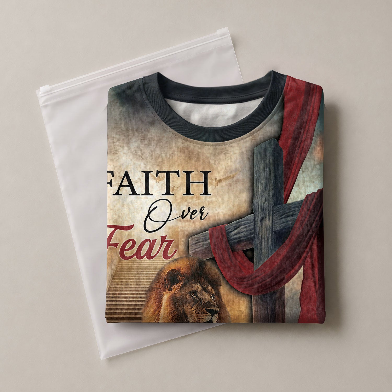 Freedom Shirts for Men, Faith Over Fear with Cross and Lion Draped in Robe - Christian Tee Shirts, RustField Co - Rust Field Wear