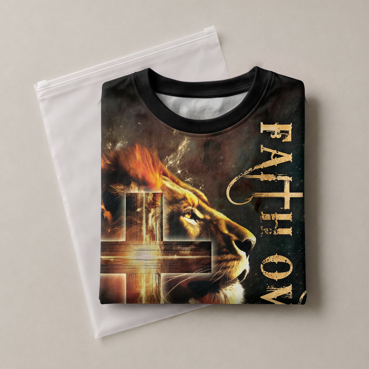 RustField Co Christian Tee Shirts - Faith Over Fear with Fiery Lion and Glowing Cross, Freedom Shirts for Men - Rust Field Wear