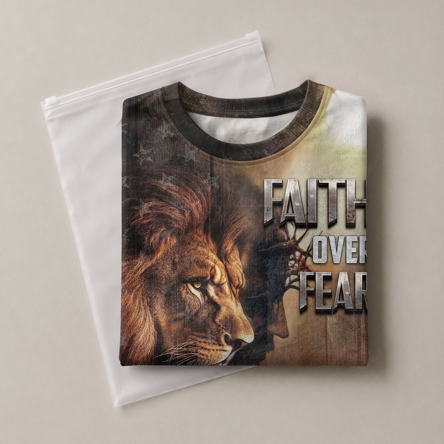 RustField Co, Faith Over Fear Lion and Cross Patriotic - Christian Tee Shirts for Men, Freedom Shirts - Rust Field Wear