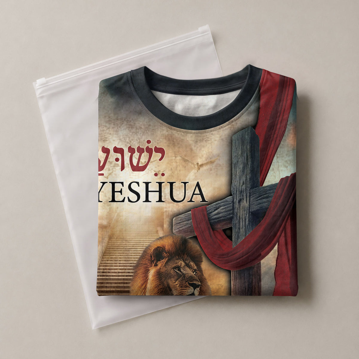 Christian Tee Shirts for Men, RustField Co - Yeshua Lion of Judah with Cross and Cloth, Freedom Shirts - Rust Field Wear