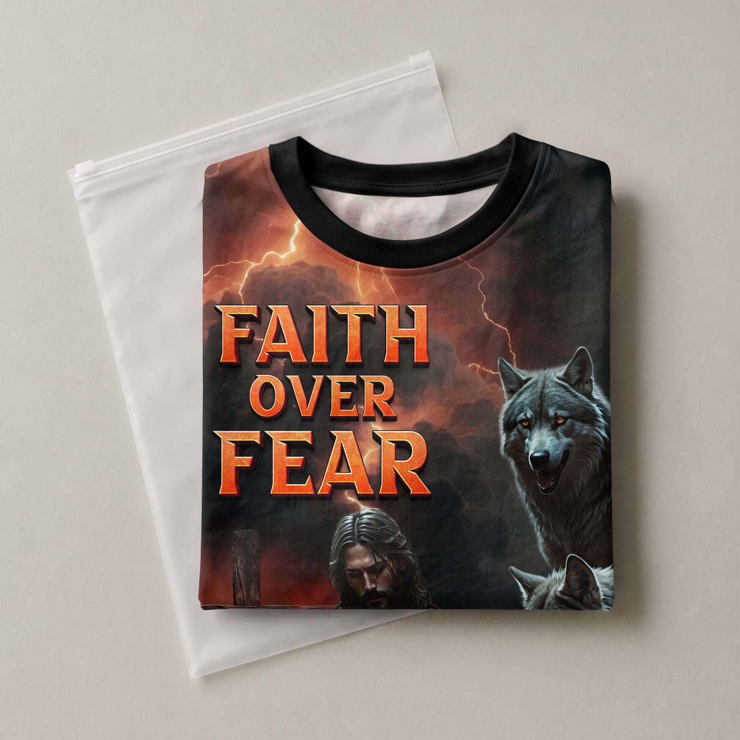 Christian Tee Shirts, Faith Over Fear Jesus Protecting the Lamb Among Wolves - Freedom Shirts for Men, RustField Co - Rust Field Wear