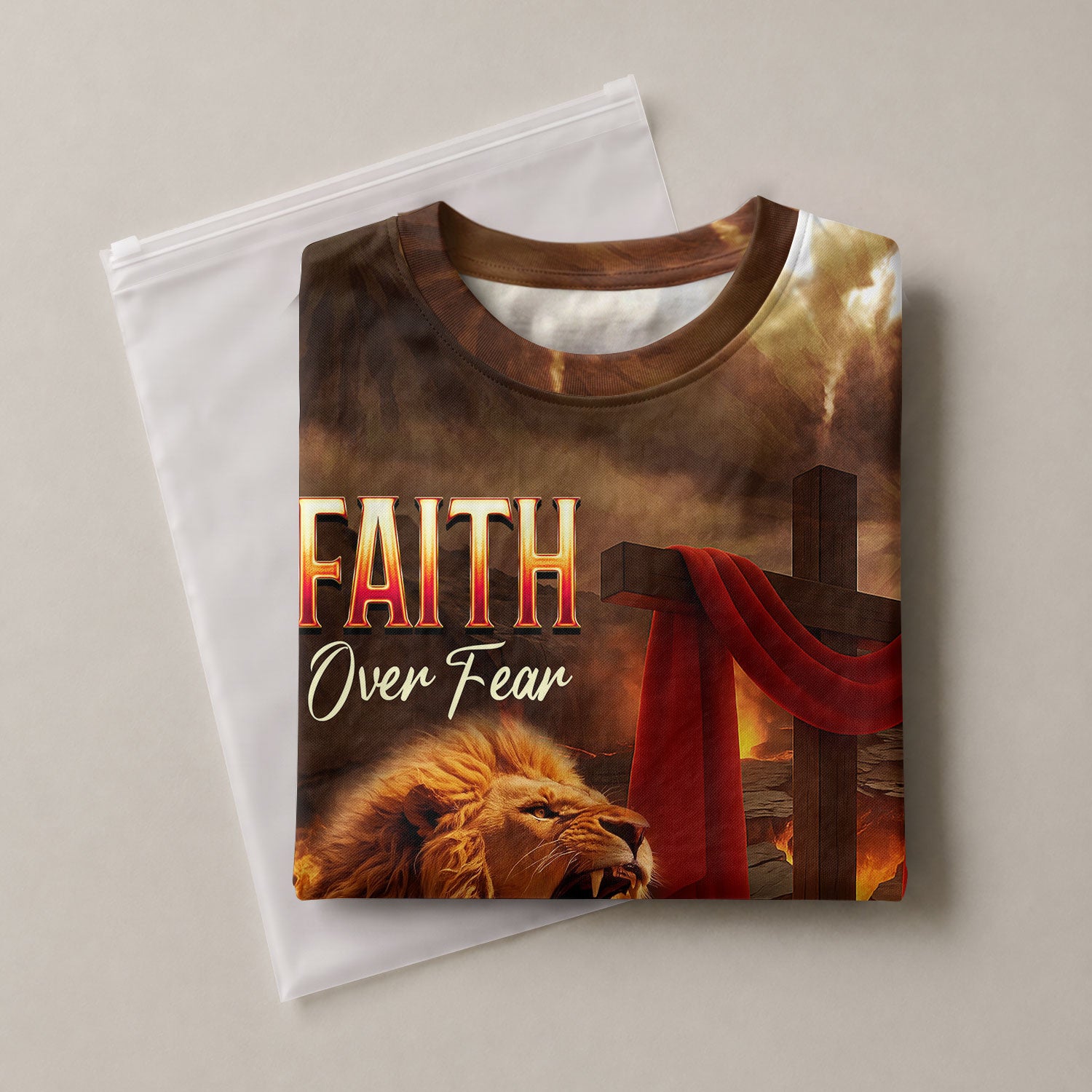 Faith Over Fear Lion and Cross in Flames - Christian Tee Shirts for Men, Freedom Shirts, RustField Co - Rust Field Wear