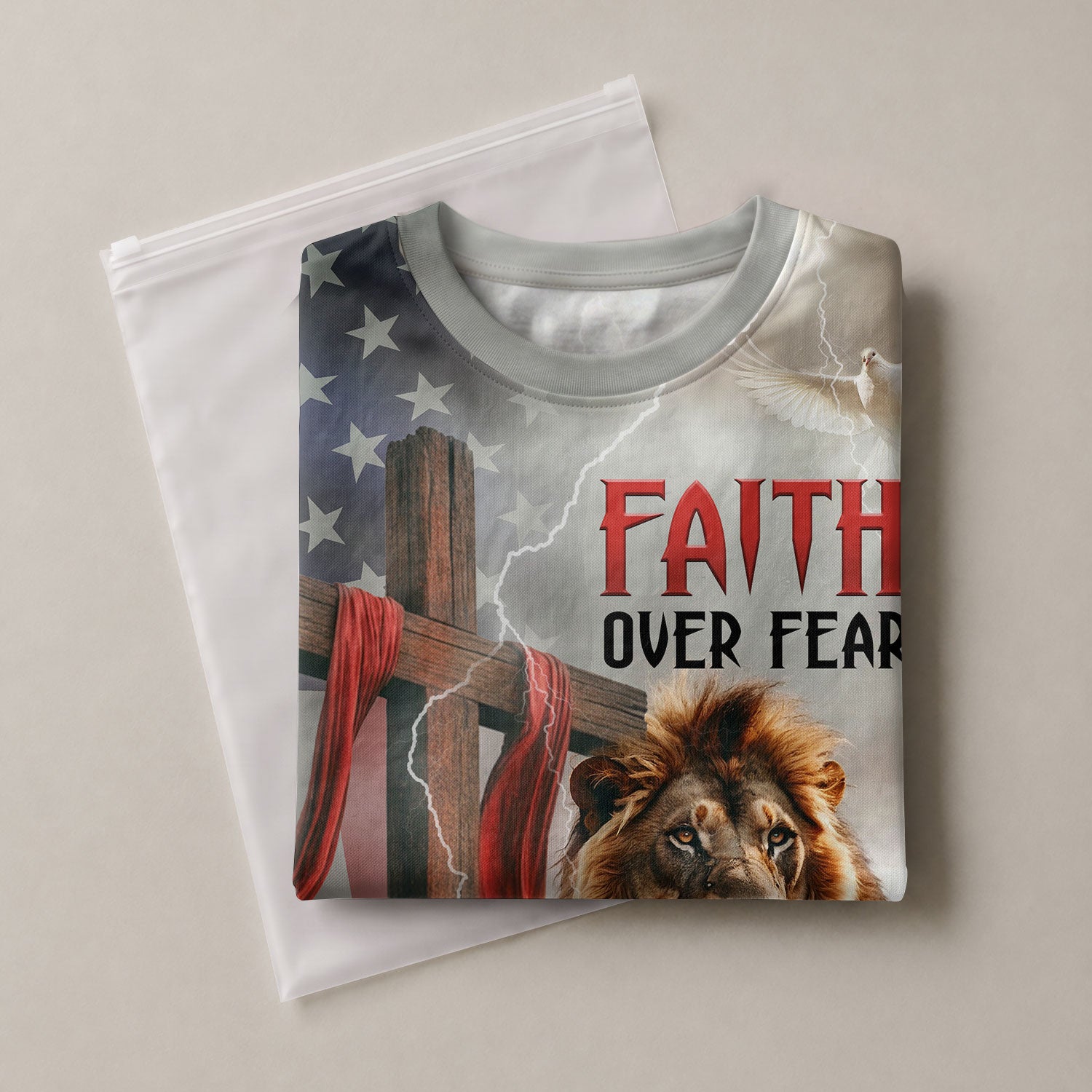 Freedom Shirts - Faith Over Fear American Flag Lion and Cross, Christian Tee Shirts for Men, RustField Co - Rust Field Wear