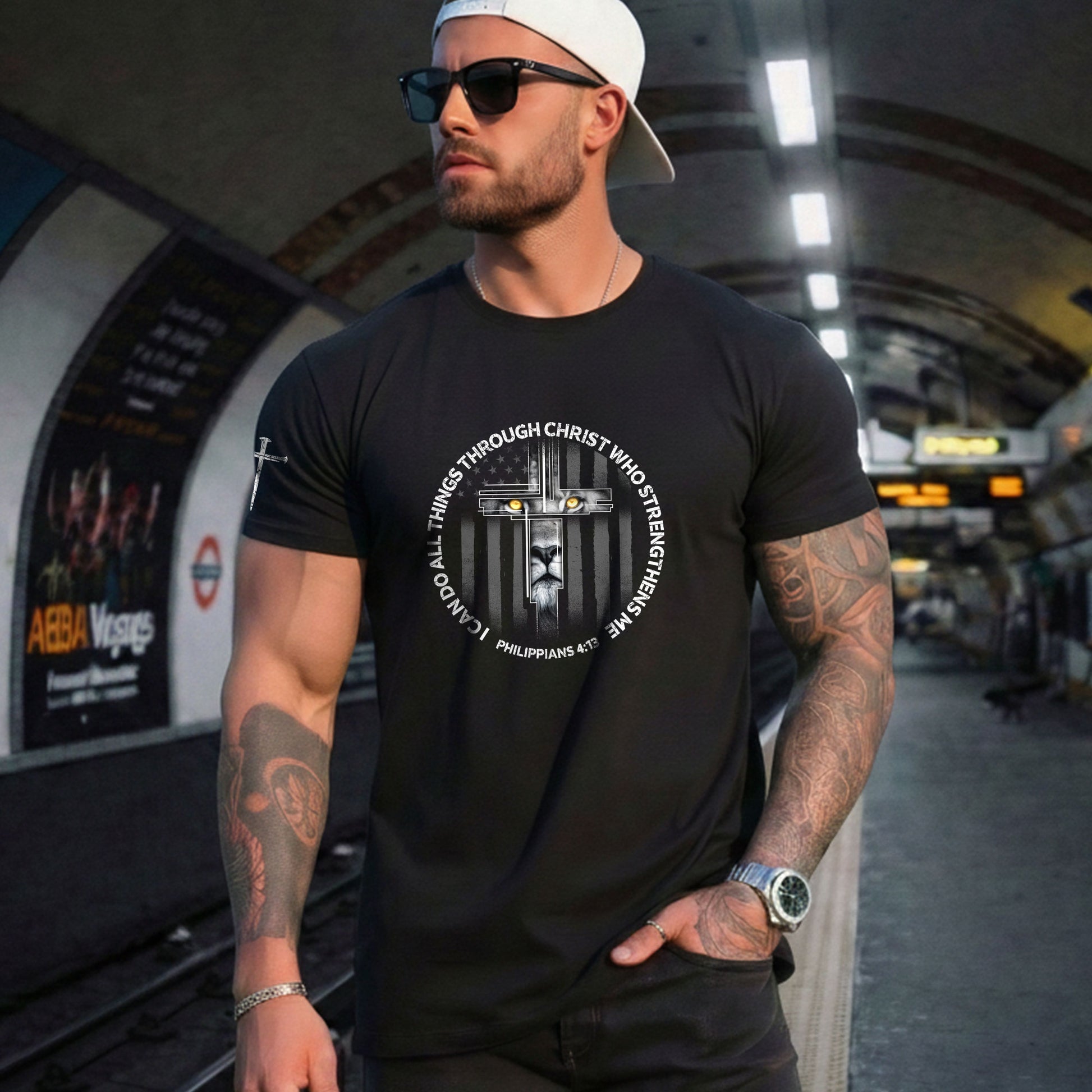 Faith Based Christian Tee Shirts, I Can Do All Things Through Christ Lion Cross - Christian Shirts for Men - Rust Field Wear