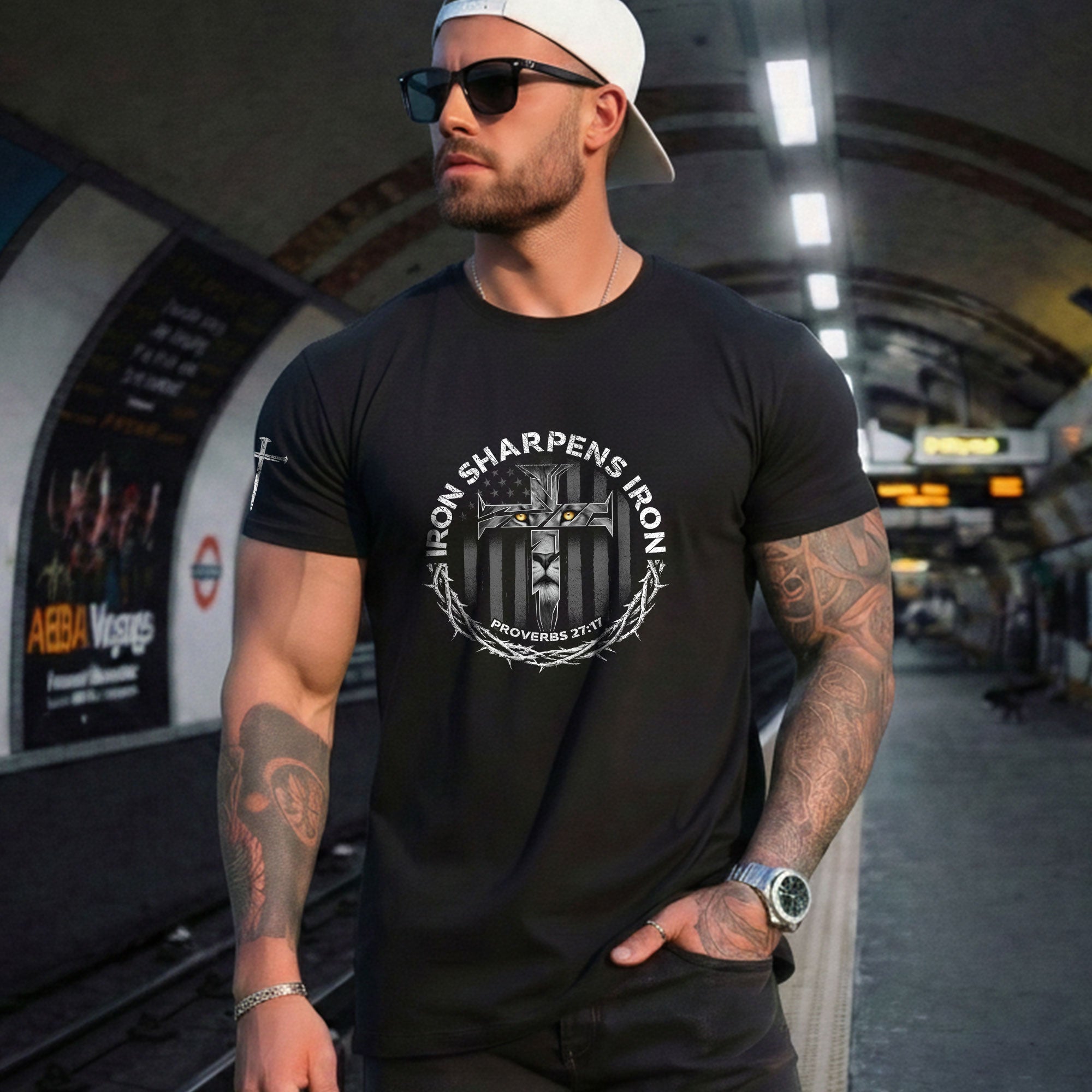Christian Shirts for Men, Iron Sharpens Iron Proverbs 27:17 Lion Cross - Christian Tee Shirts - Rust Field Wear