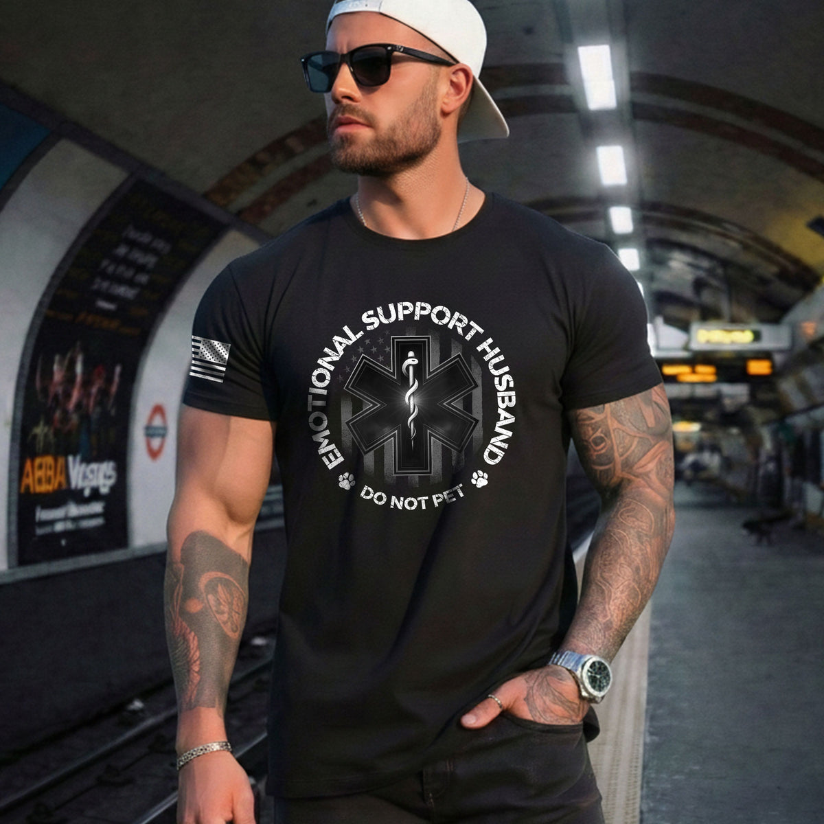 Emotional Support Husband Do Not Pet Comical Emblem Tee Shirt Casual Cotton Gear