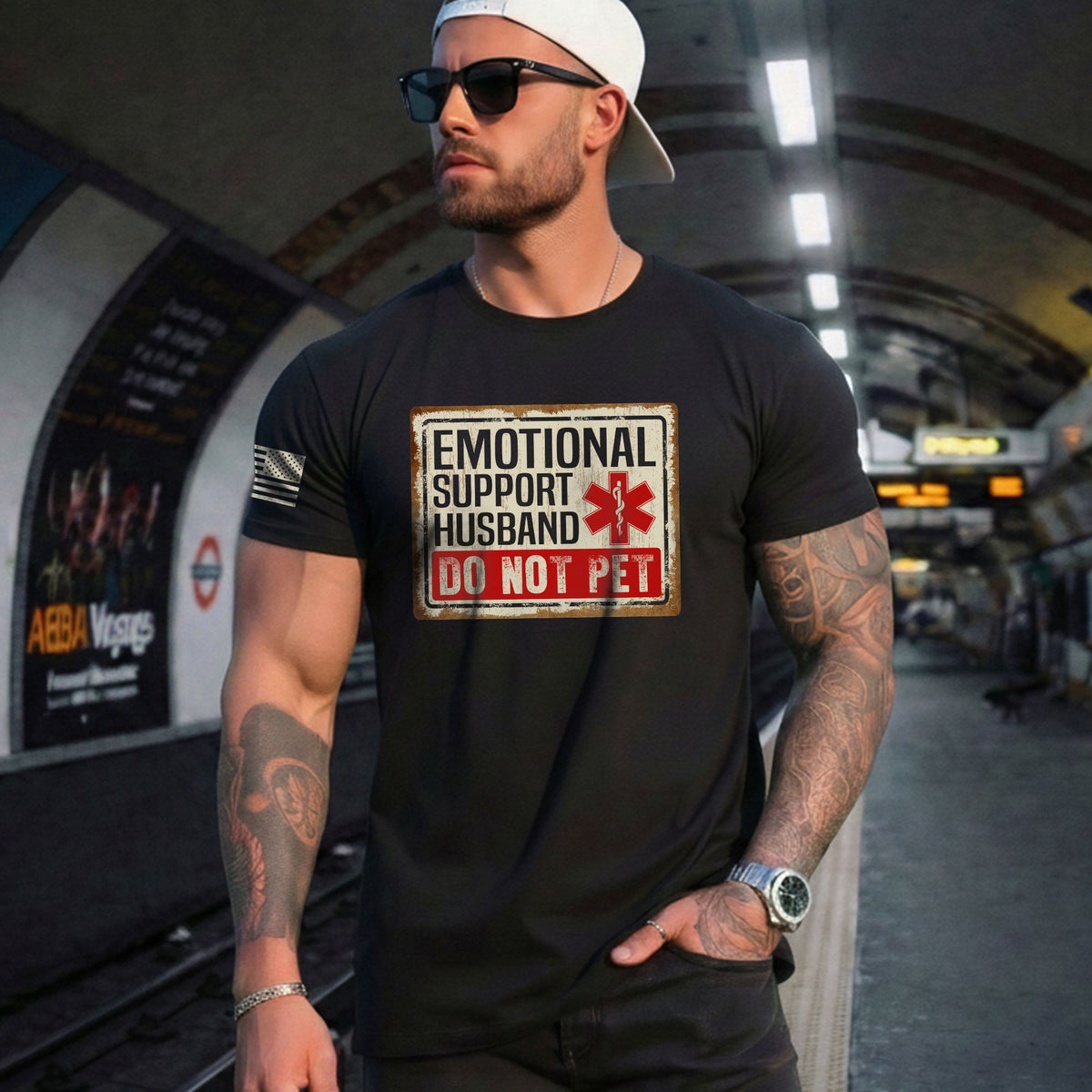 Emotional Support Husband Do Not Pet Sign Board Graphic Tee Shirt Casual Cotton Top