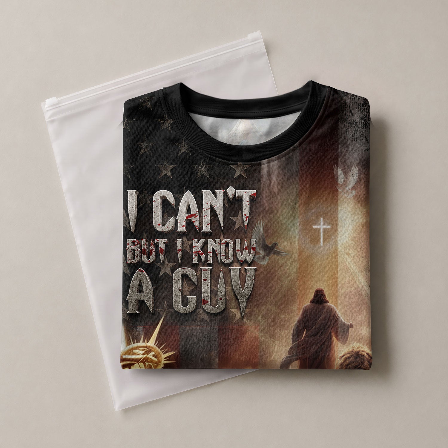 Christian Tee Shirts, I Can't But I Know A Guy Lion and Cross American Flag - Freedom Shirts for Men, RustField Co - Rust Field Wear