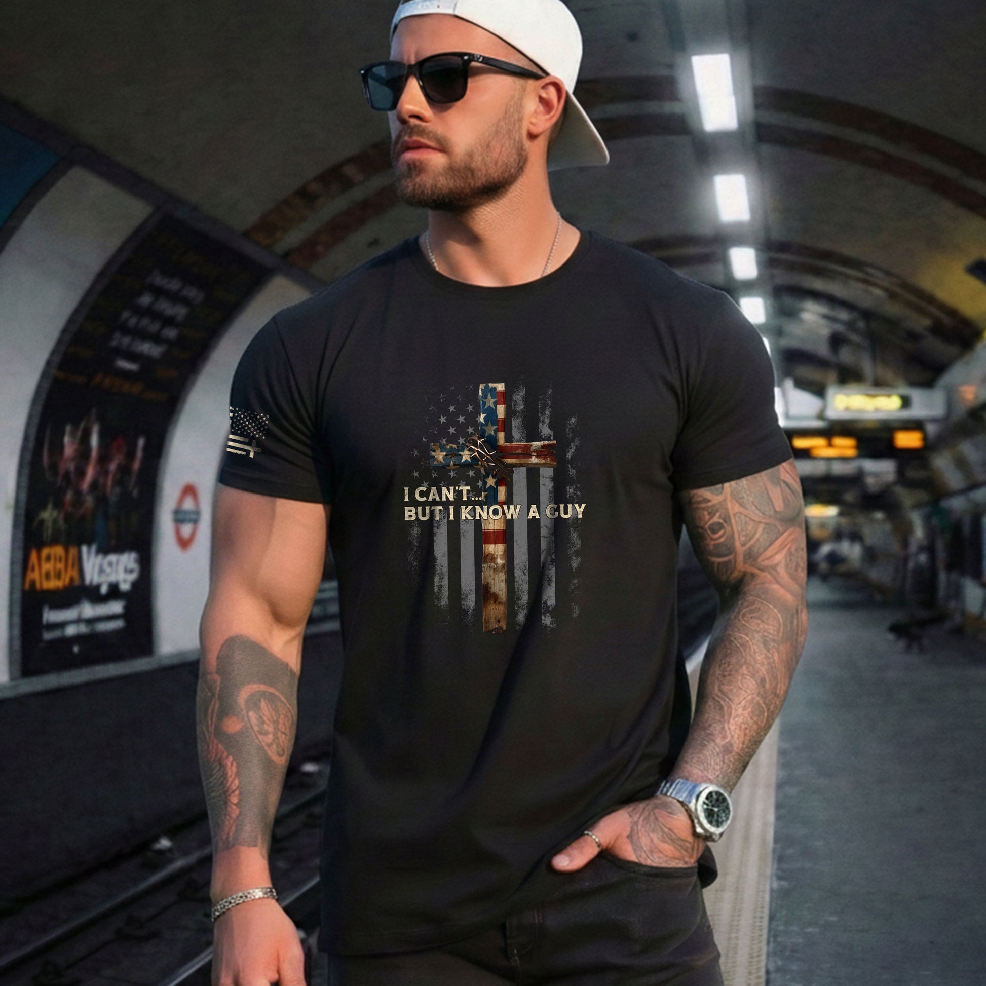 I Can’t But I Know A Guy American Flag Cross - Christian Shirts for Men, Faith Based Christian Tee Shirts - Rust Field Wear