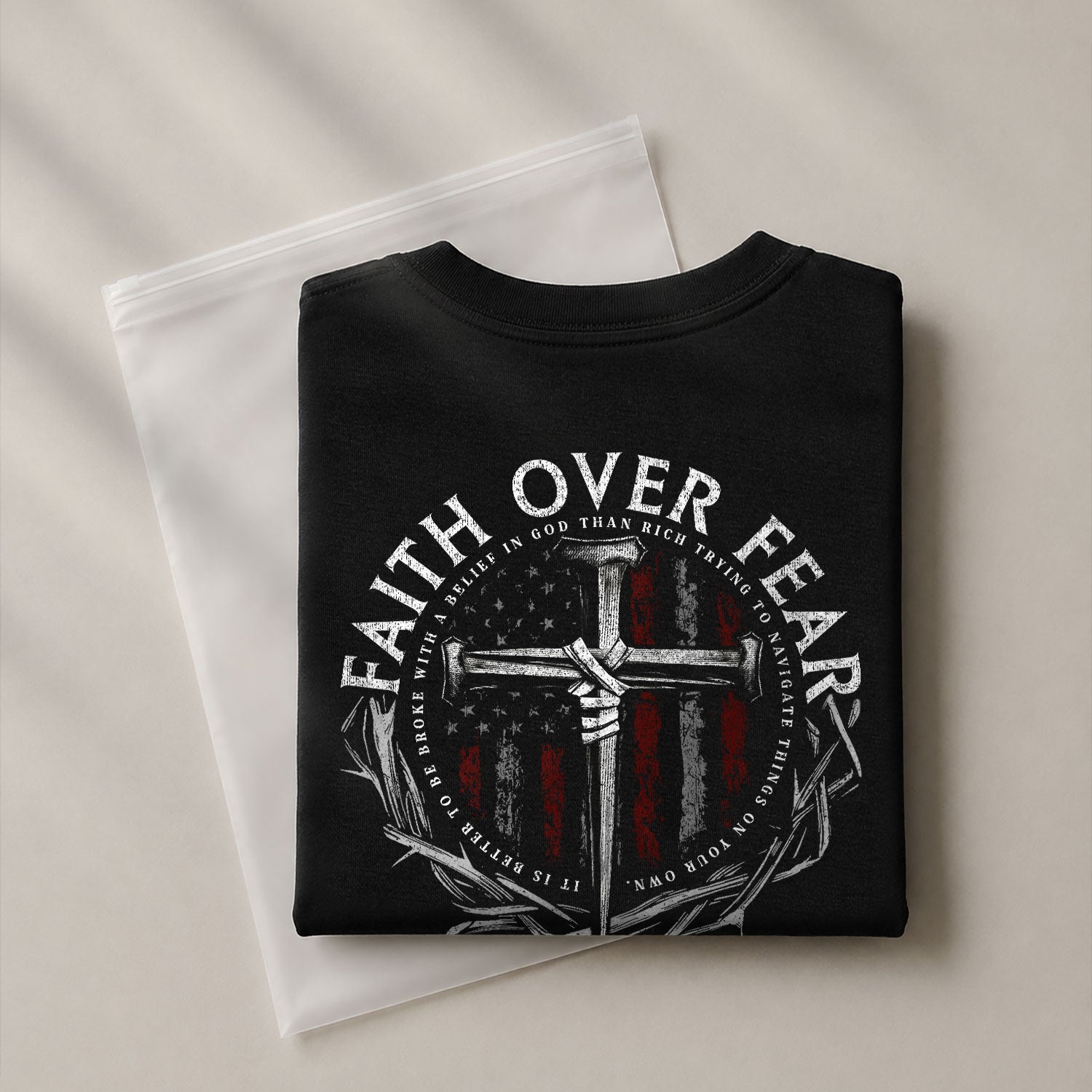 Faith Over Fear Cross With Crown of Thorns and American Flag Christian, Christian Tee Shirts - Faith Shirts for Men - Rust Field Wear