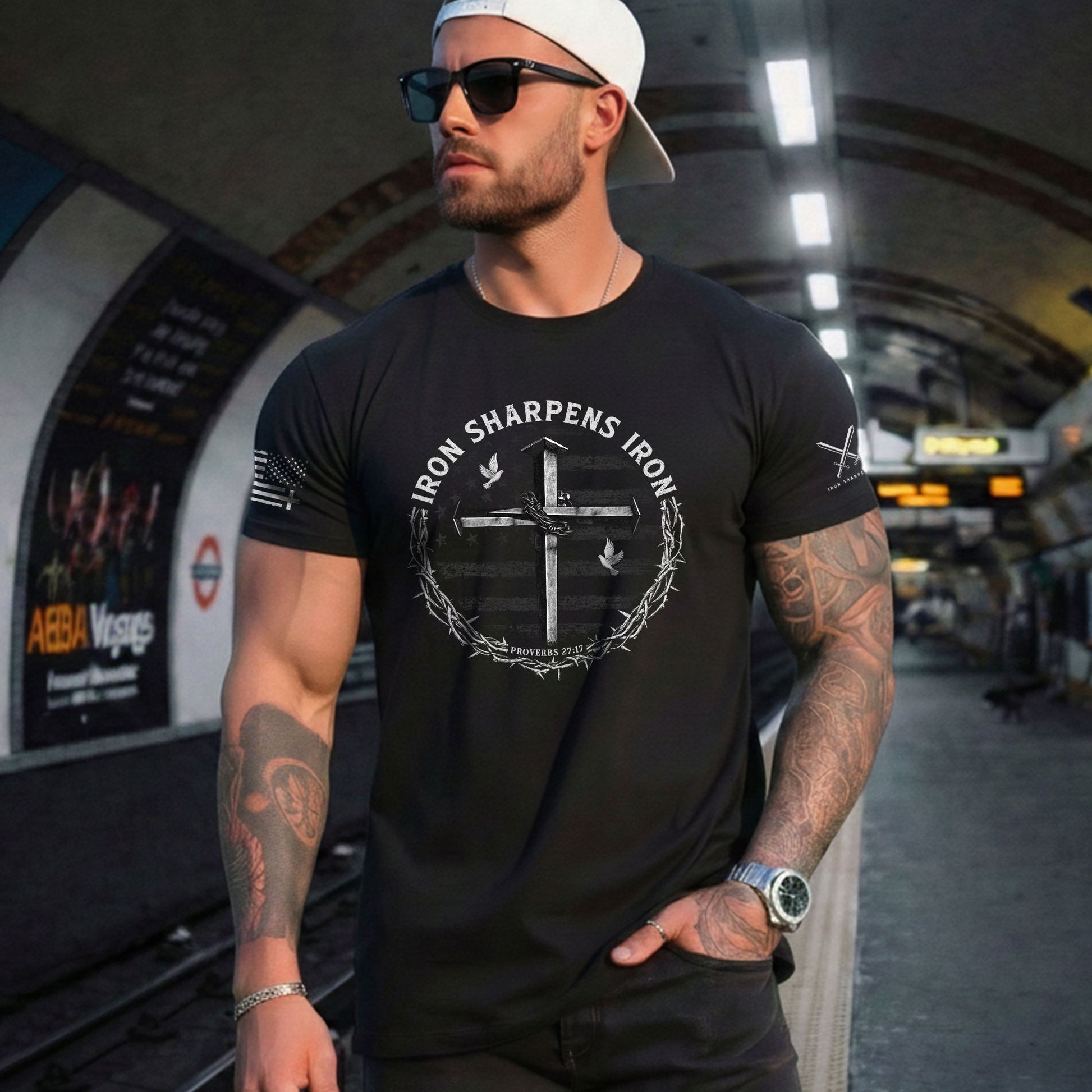 Christian Shirts for Men - Iron Sharpens Iron Cross Proverbs 27:17 Christian, Christian Tee Shirts - Rust Field Wear