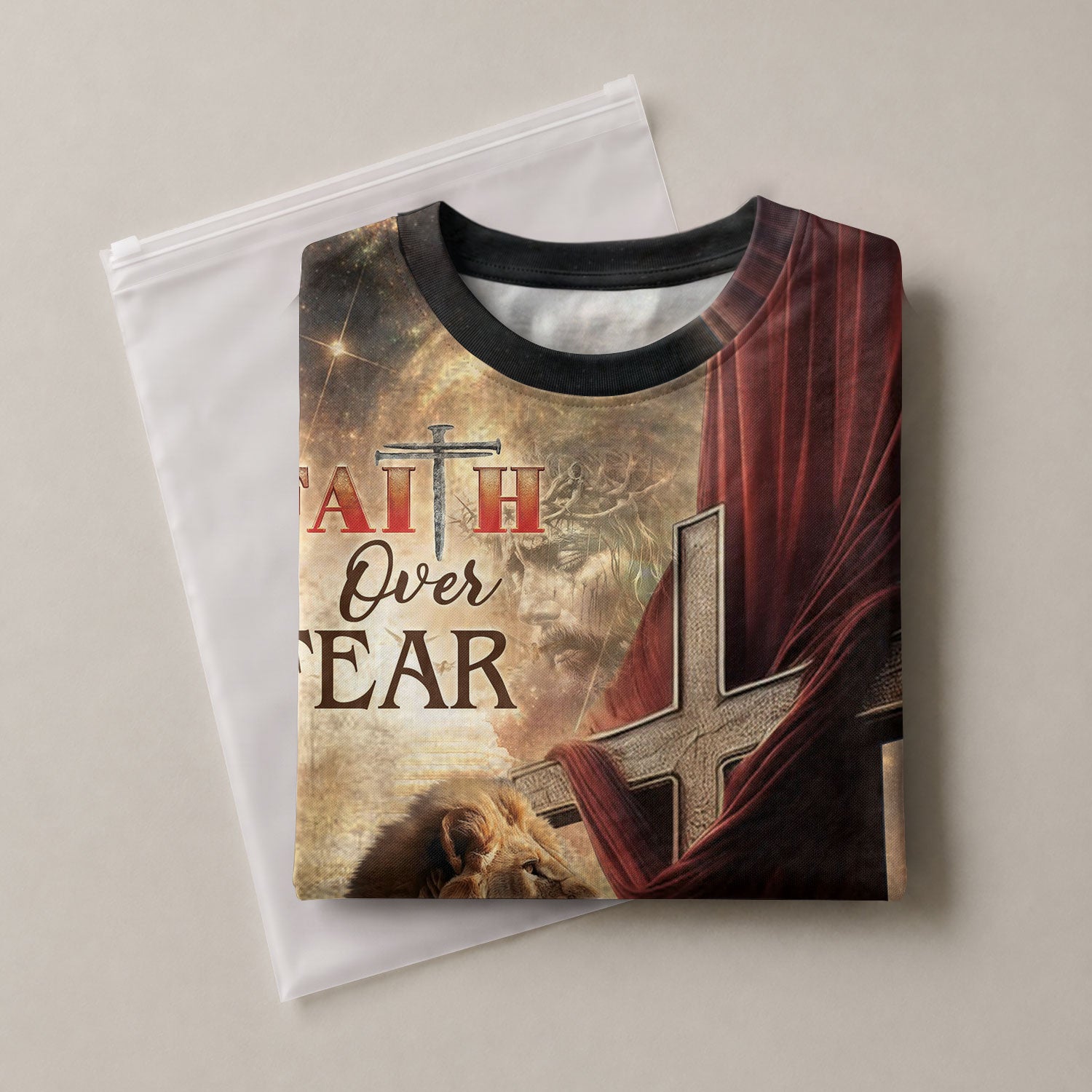 Christian Tee Shirts for Men, RustField Co - Faith Over Fear Lion and Cross Drape, Freedom Shirts - Rust Field Wear