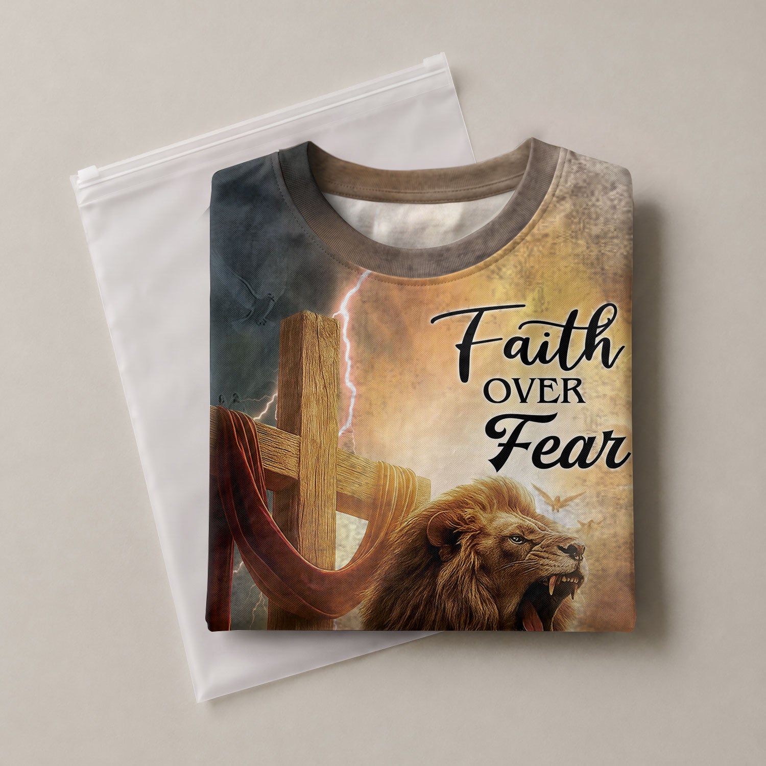 Christian Tee Shirts for Men - Faith Over Fear Lion Cross, RustField Co Freedom Shirts - Rust Field Wear