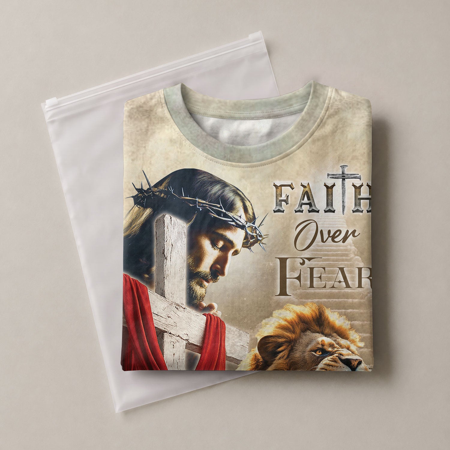 Freedom Shirts for Men, Faith Over Fear Jesus and Lion with Drape - Christian Tee Shirts, RustField Co - Rust Field Wear