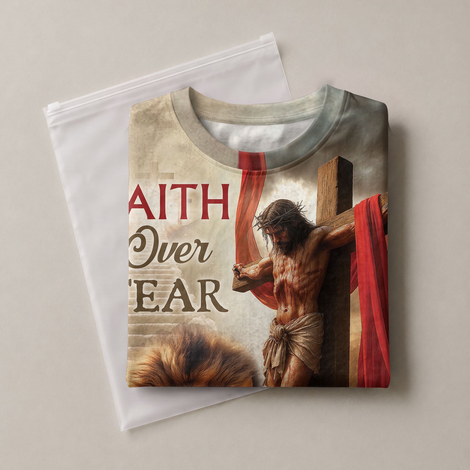 RustField Co Christian Tee Shirts - Faith Over Fear Jesus Lion and Cross, Freedom Shirts for Men - Rust Field Wear