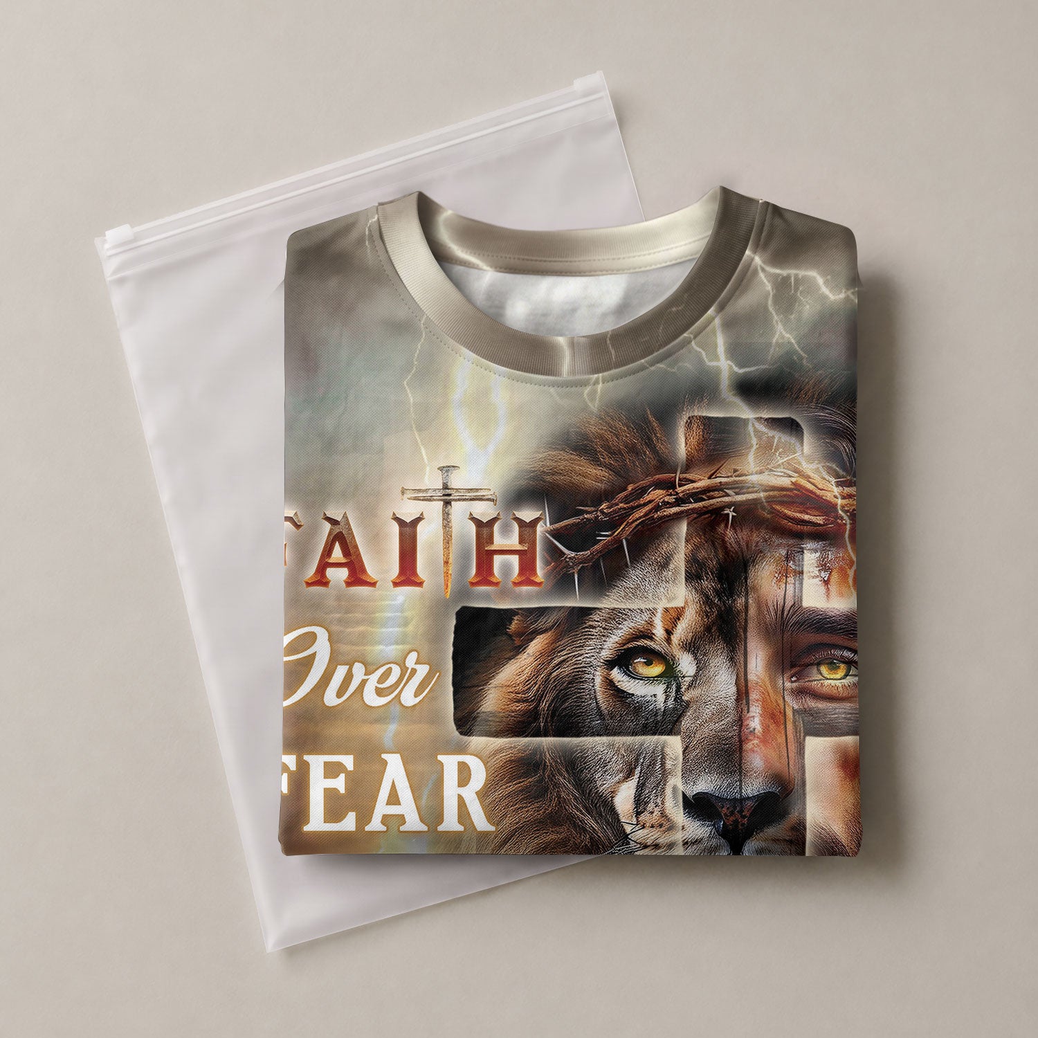 Christian Tee Shirts, Faith Over Fear Lion and Cross Lightning - Freedom Shirts for Men, RustField Co - Rust Field Wear