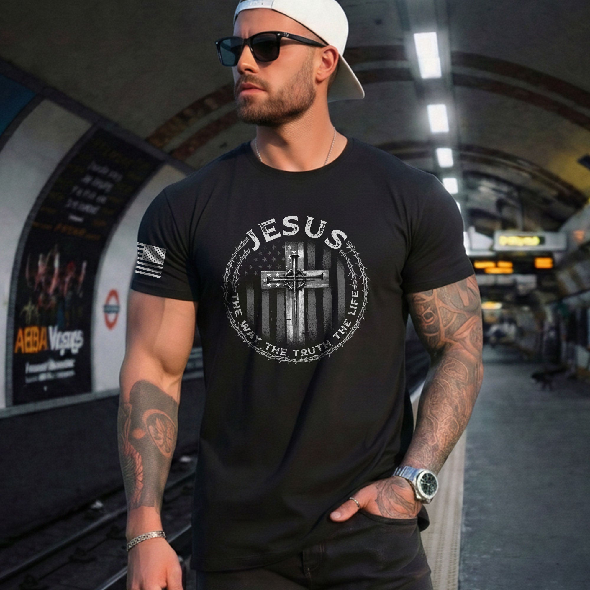 Faith Based Christian Tee Shirts, Jesus Cross American Flag The Way The Truth The Life - Christian Shirts for Men - Rust Field Wear
