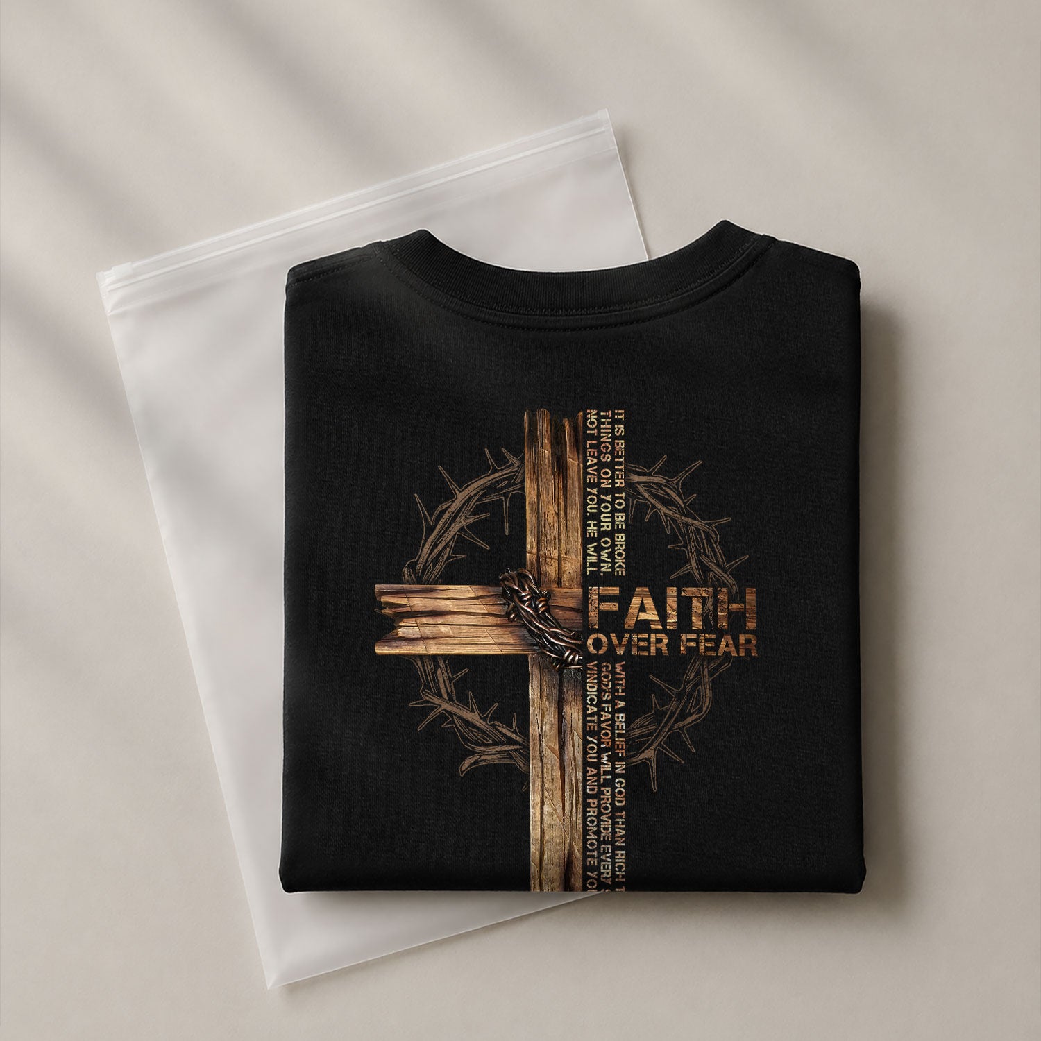 Christian Tee Shirts, Faith Over Fear Wooden Cross Crown of Thorns - Christian Shirts for Men - Rust Field Wear