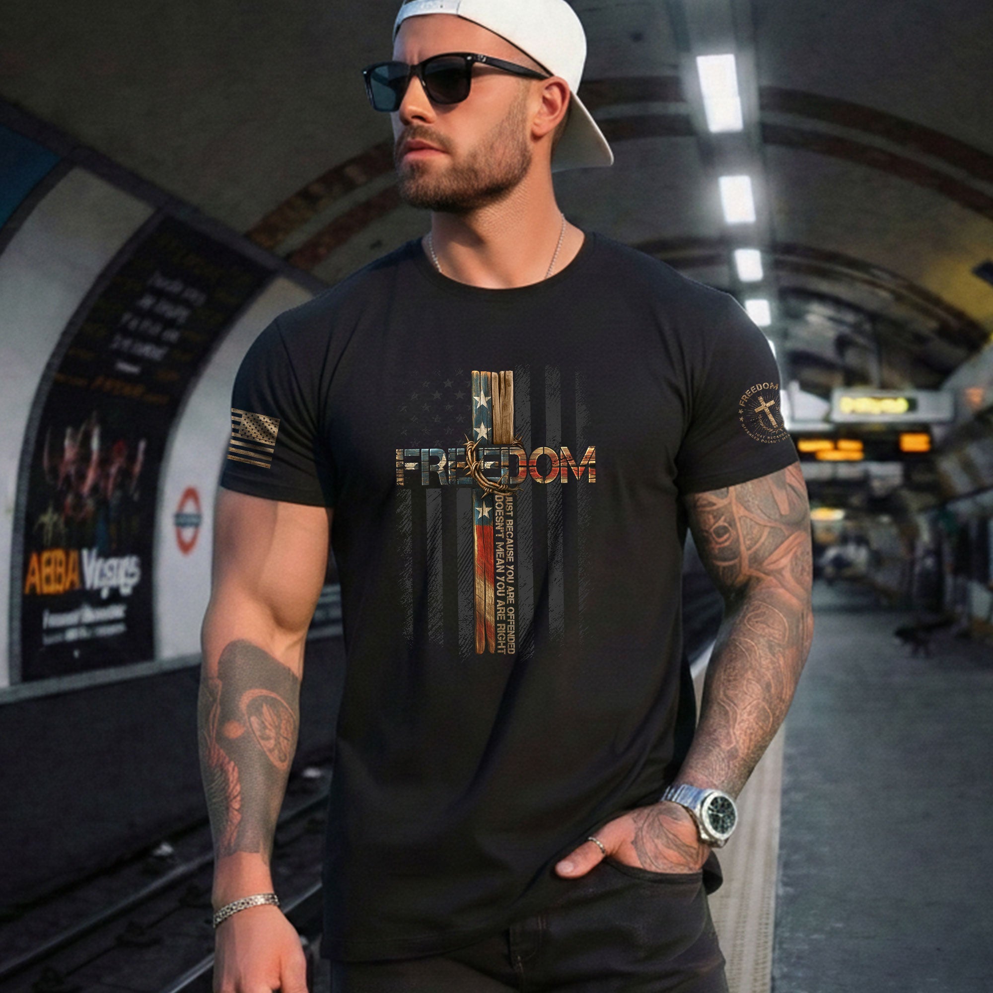 Freedom T Shirt, Freedom Memorial American Flag Cross - Freedom Shirts for Men - Rust Field Wear