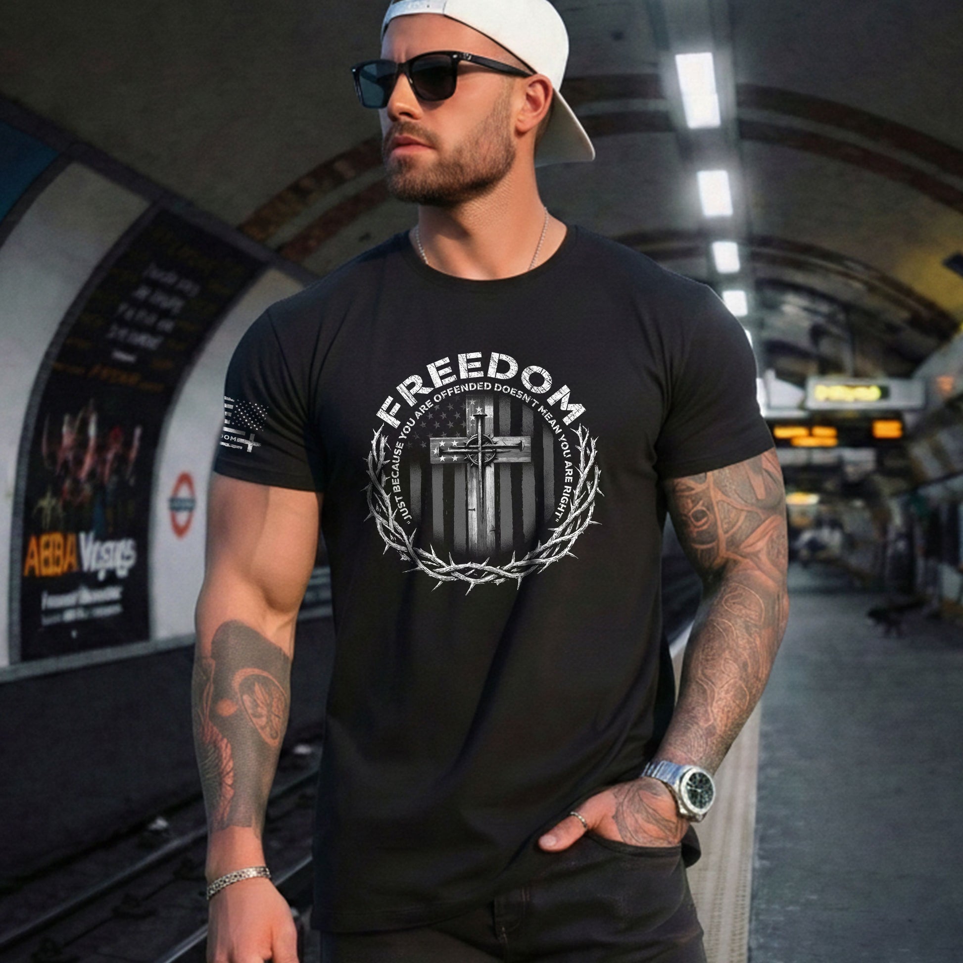 Freedom Shirts for Men, Freedom Memorial American Flag Cross with Crown of Thorns and Quote - Patriotic T Shirts - Rust Field Wear