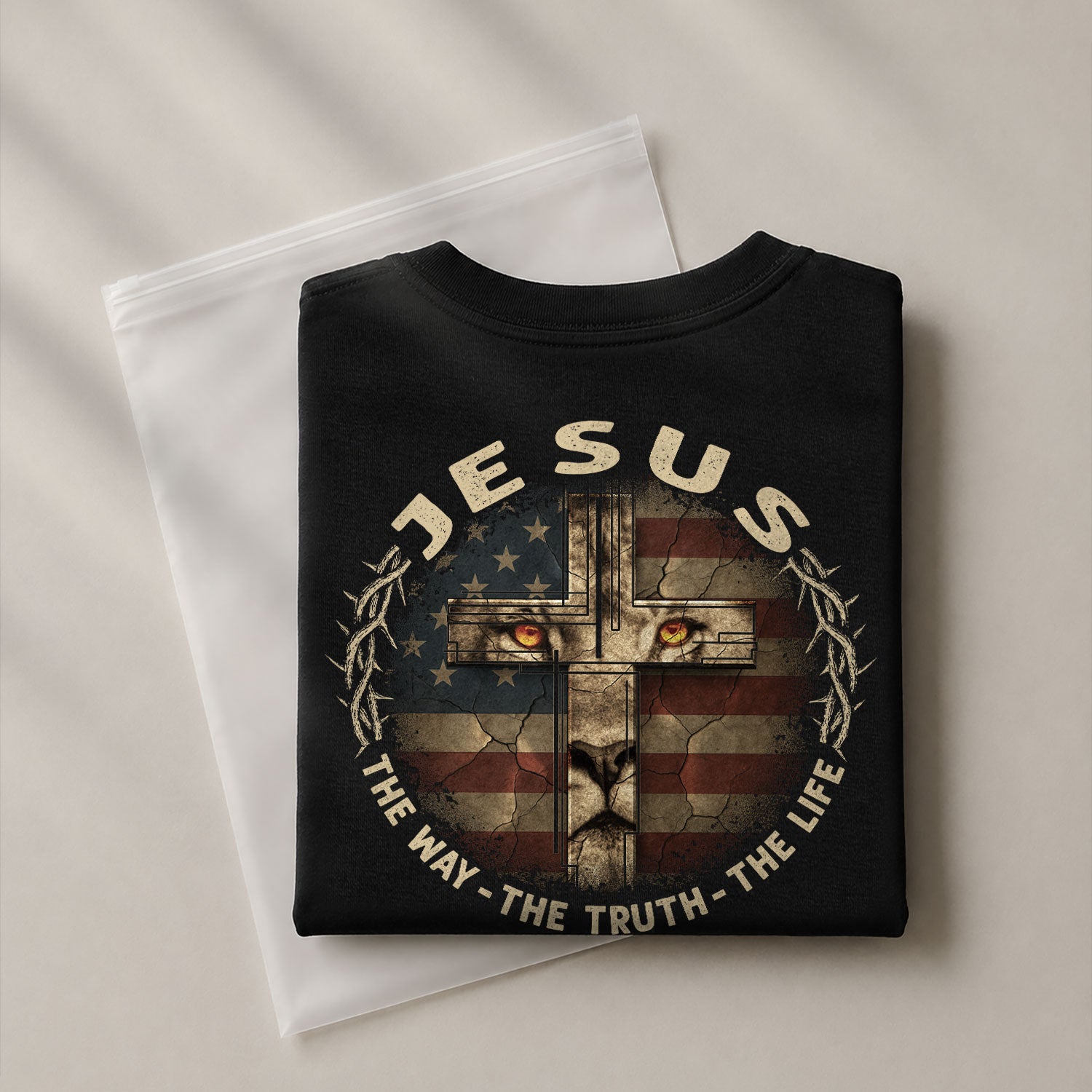 Jesus and American Flag Lion Cross The Way The Truth The Life, Christian Tee Shirts - Faith Shirts for Men - Rust Field Wear