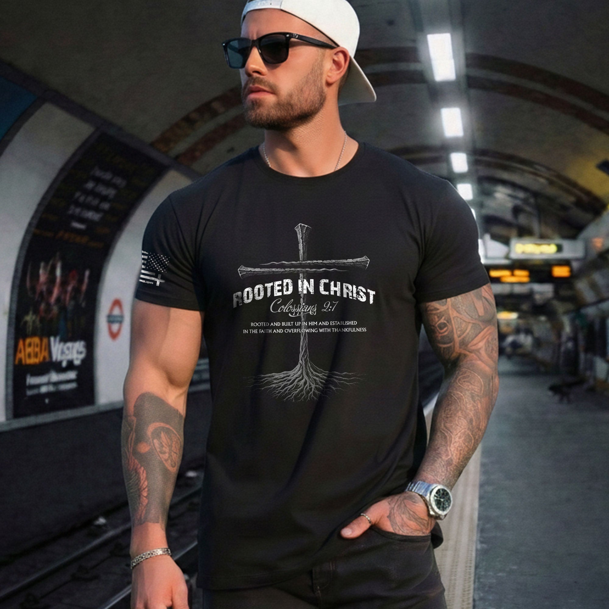 Rooted In Christ Christian Colossians 2:7 Bible Verse, Christian Tee Shirts - Faith Shirts for Men - Rust Field Wear