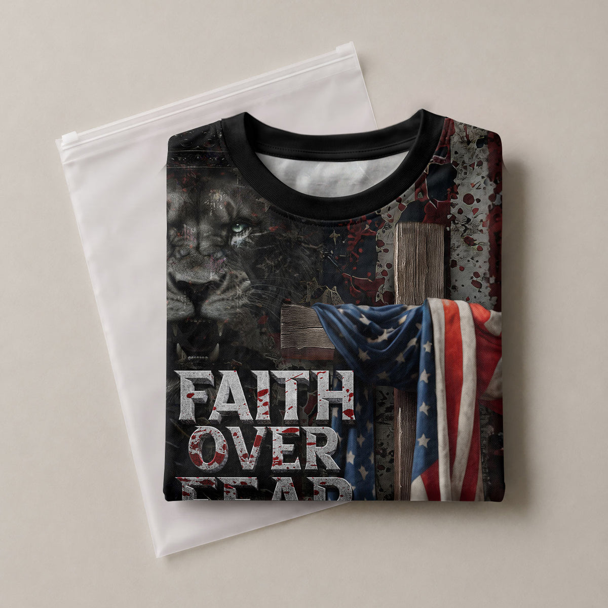 Faith Over Fear American Flag Cross Jesus Lion Of Judah Patriotic - Christian Tee Shirts for Men, Freedom Shirts, RustField Co - Rust Field Wear