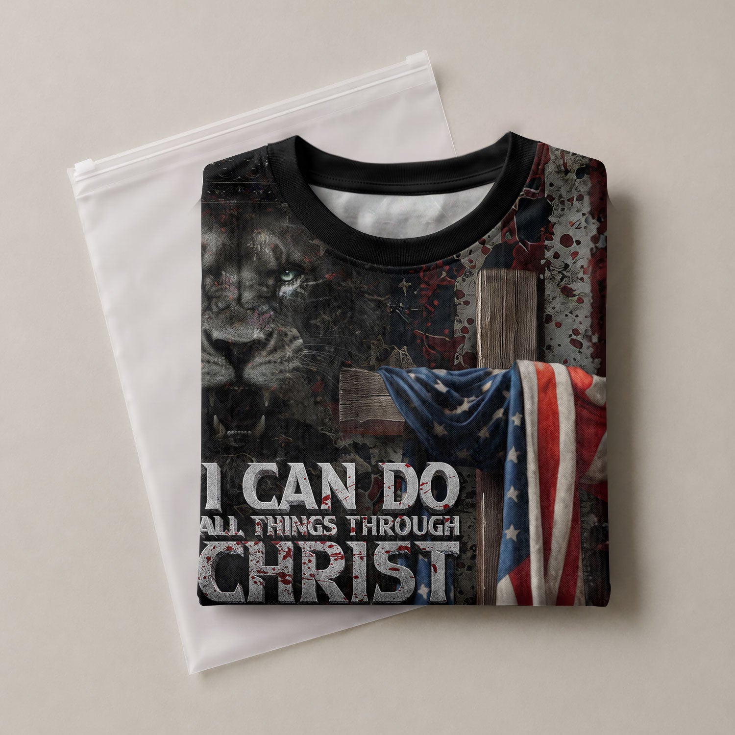 Christian Tee Shirts for Men, RustField Co - I Can Do All Things Through Christ American Flag Cross Jesus Lion, Freedom Shirts - Rust Field Wear