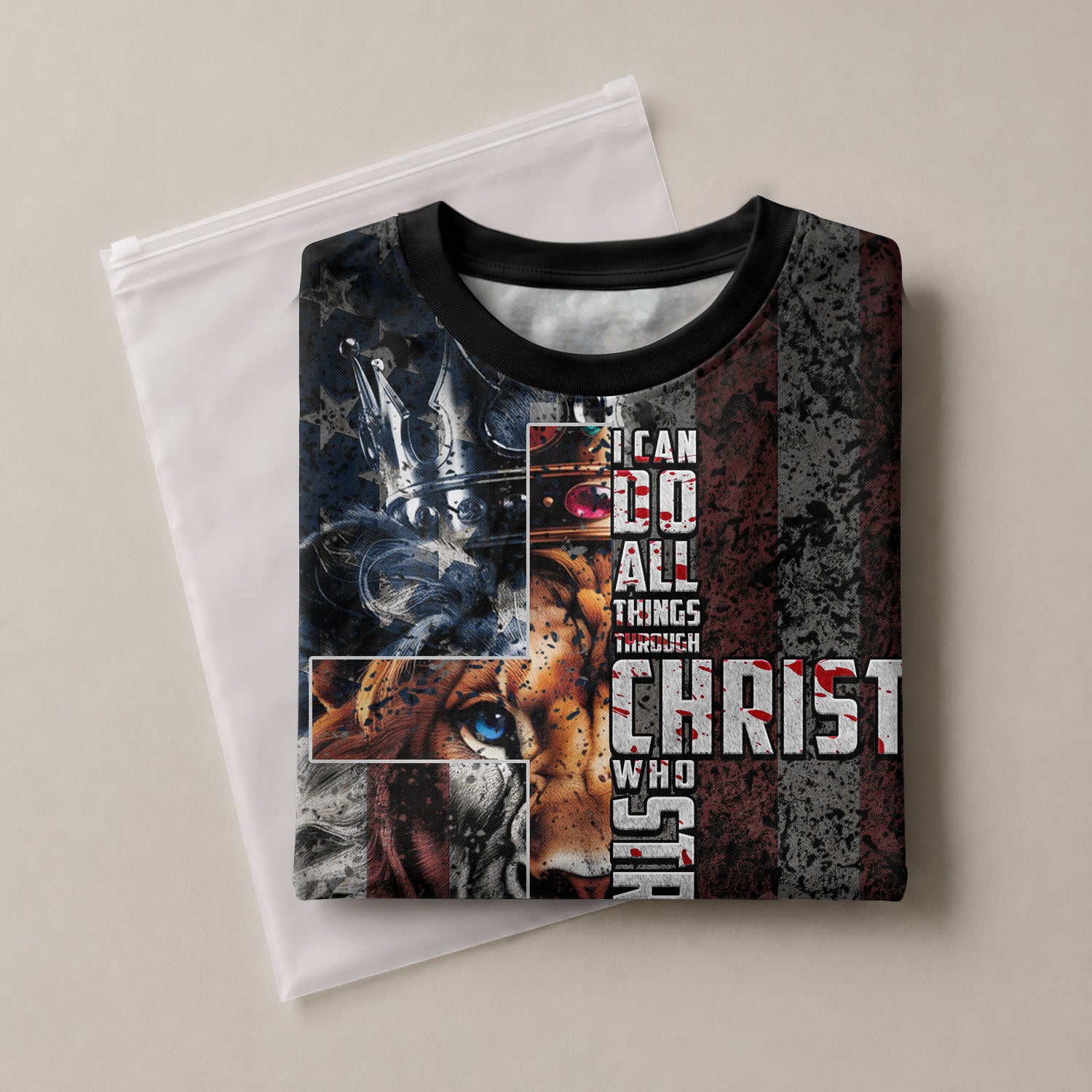I Can Do All Things Through Christ American Flag Cross Lion Crown - RustField Co Freedom Shirts, Christian Tee Shirts for Men - Rust Field Wear