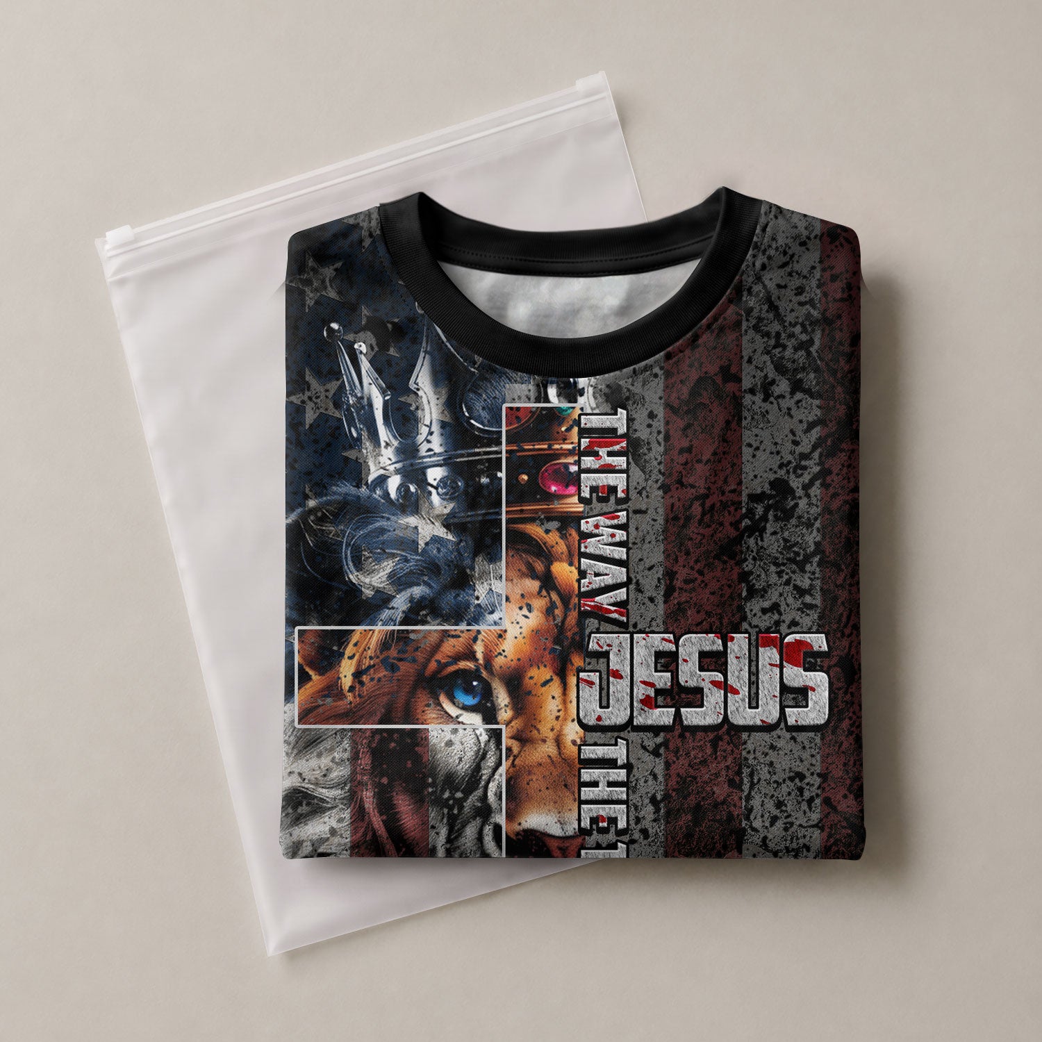 Christian Tee Shirts for Men - Jesus The Way The Truth The Life Lion Crown Cross American Flag, RustField Co Freedom Shirts - Rust Field Wear
