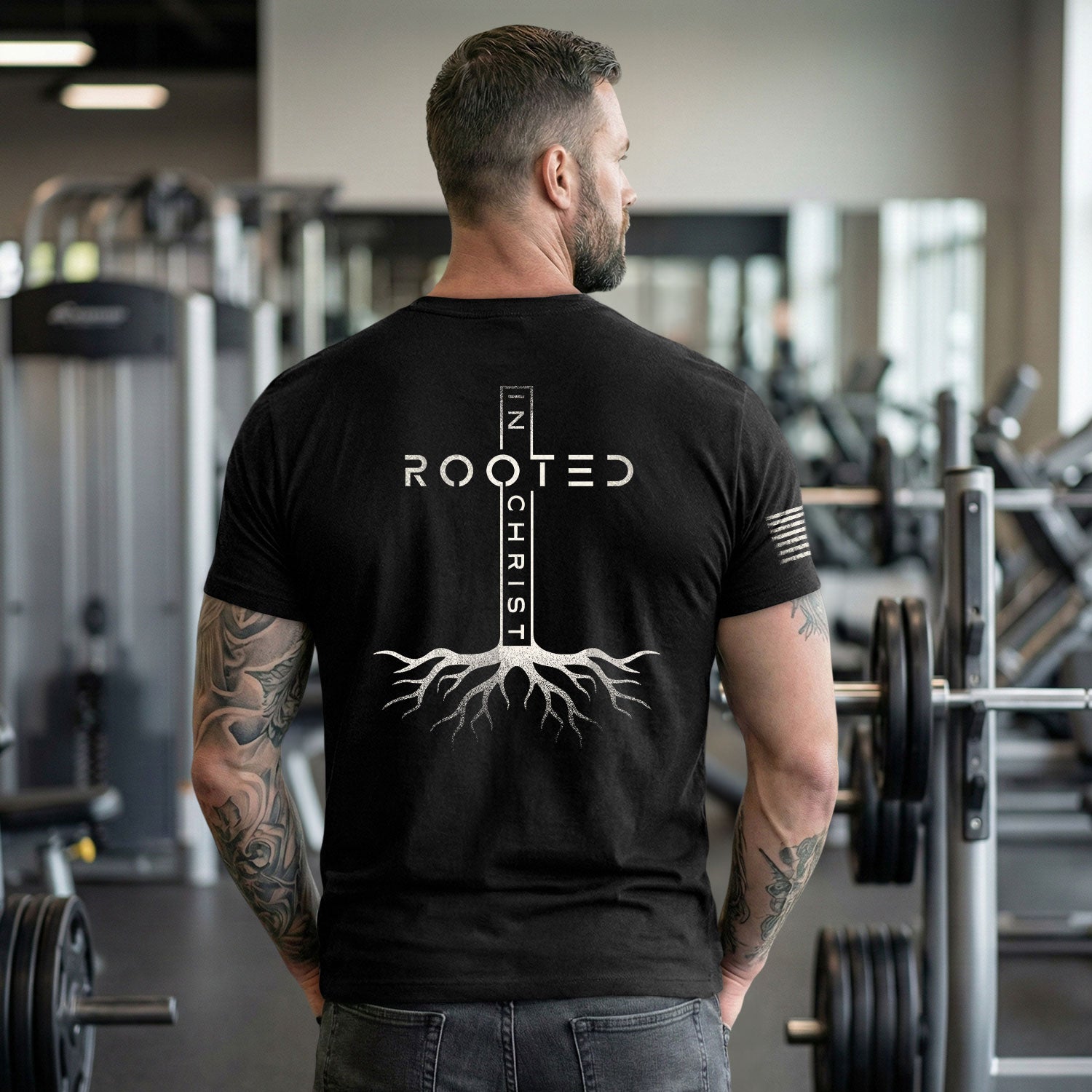 Christian Shirts for Men - Rooted In Christ Vertical Cross Roots Back Print Christian, Christian Tee Shirts - Rust Field Wear
