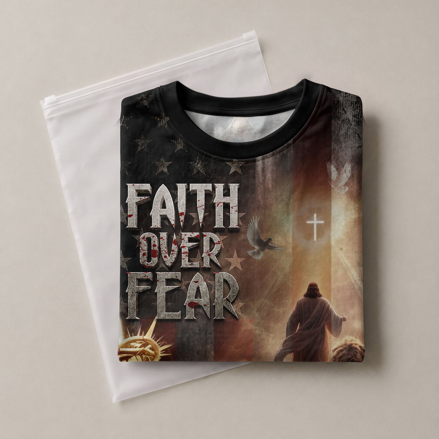 Faith Over Fear Lion of Judah Jesus American Flag Christian Tee Shirts - Freedom Shirts for Men, RustField Co - Rust Field Wear