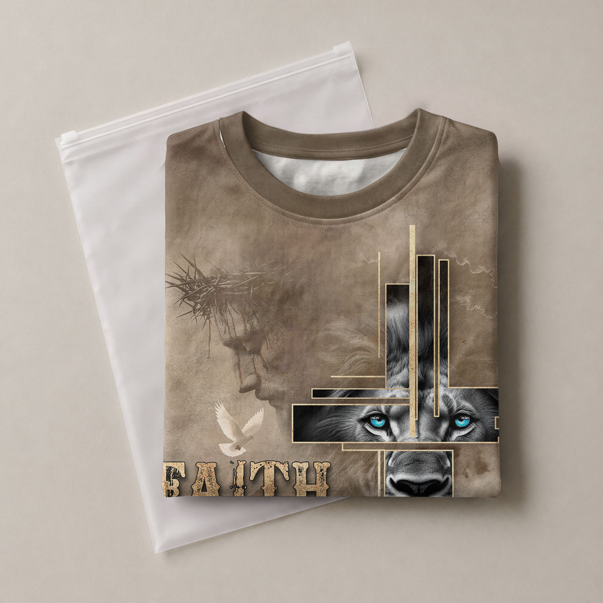 Christian Tee Shirts for Men - Faith Over Fear Lion Cross Desert Light, RustField Co Freedom Shirts - Rust Field Wear