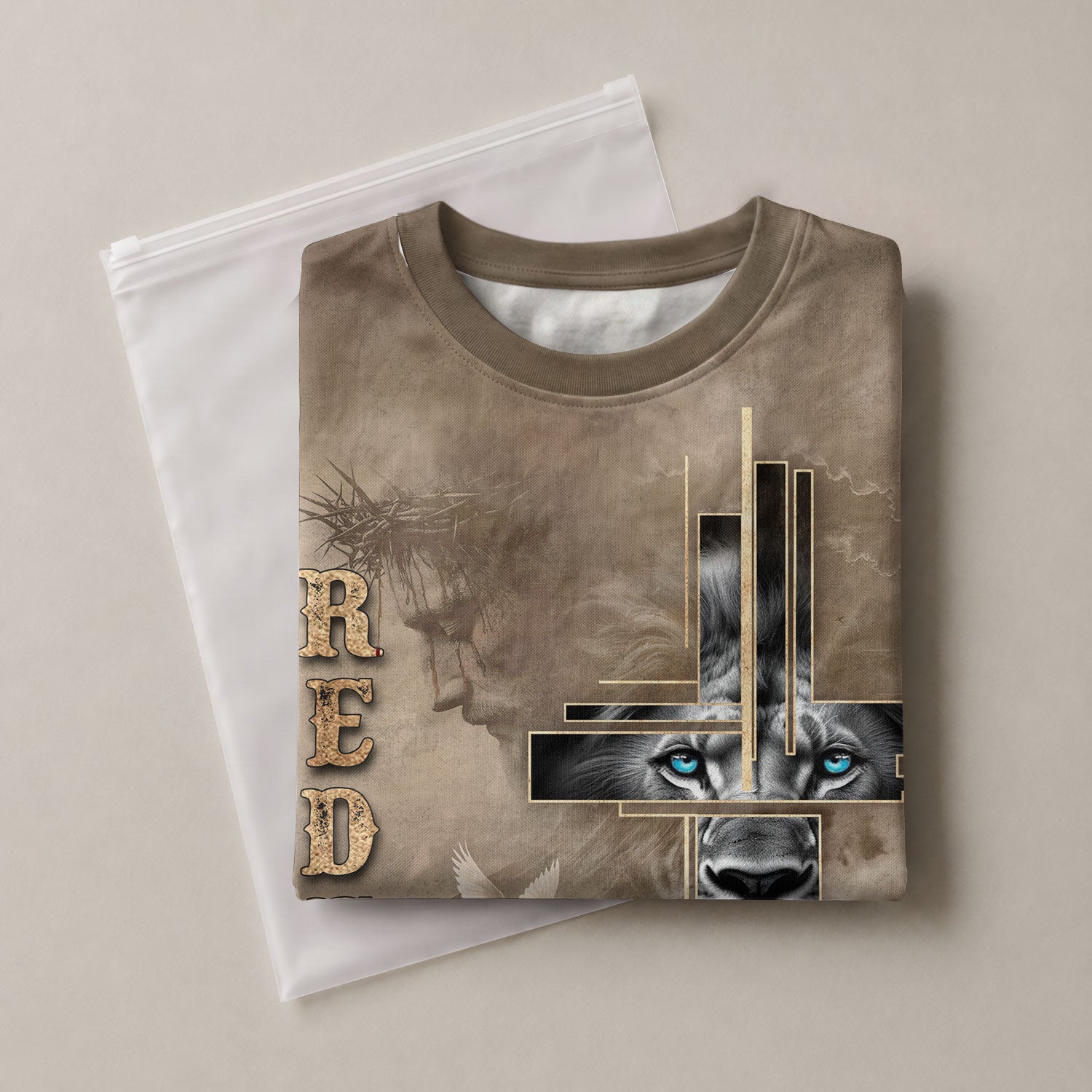 RustField Co, Redeemed Lion Cross Desert Faith - Christian Tee Shirts for Men, Freedom Shirts - Rust Field Wear