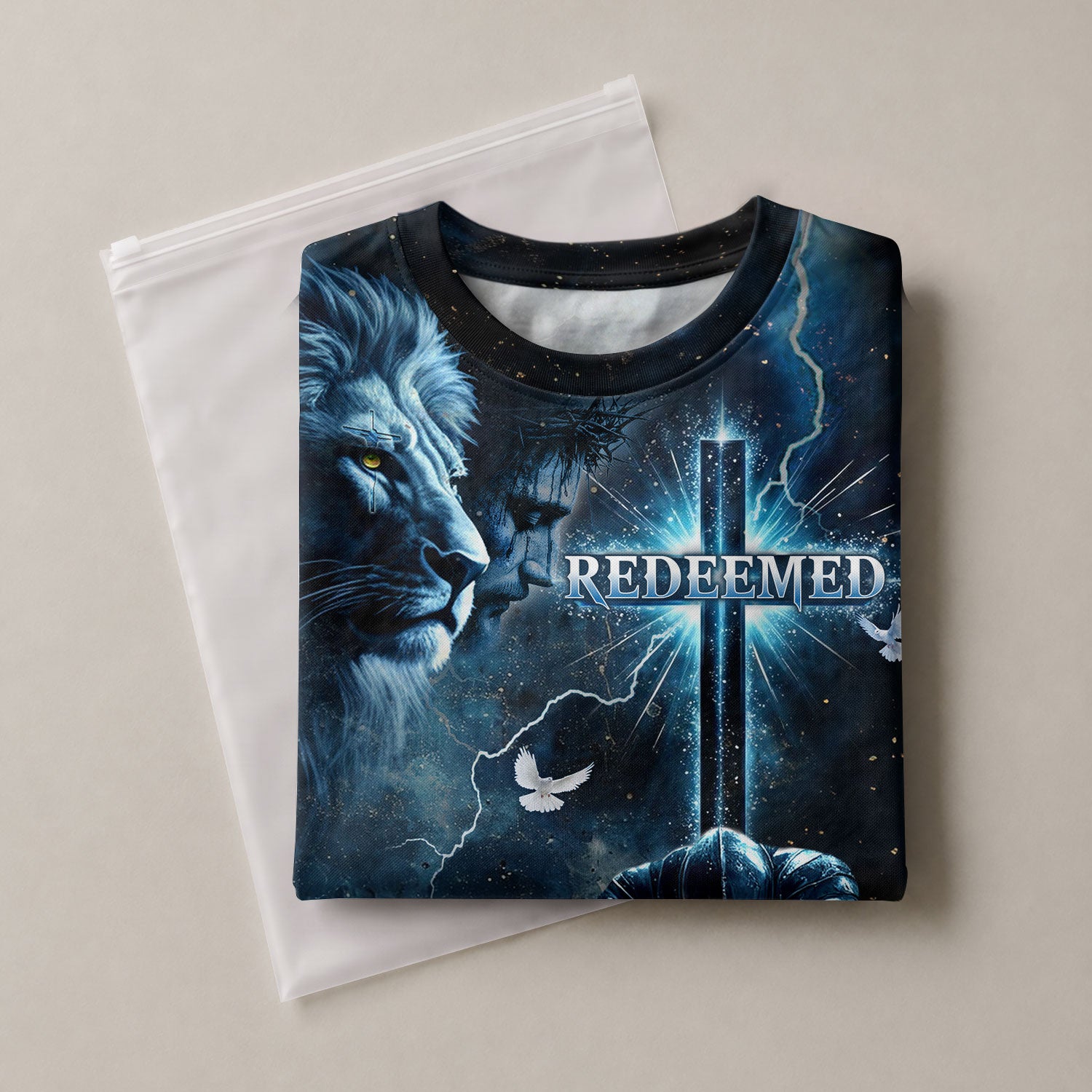 Christian Tee Shirts for Men, RustField Co - Redeemed Lion Warrior Cross Night, Freedom Shirts - Rust Field Wear