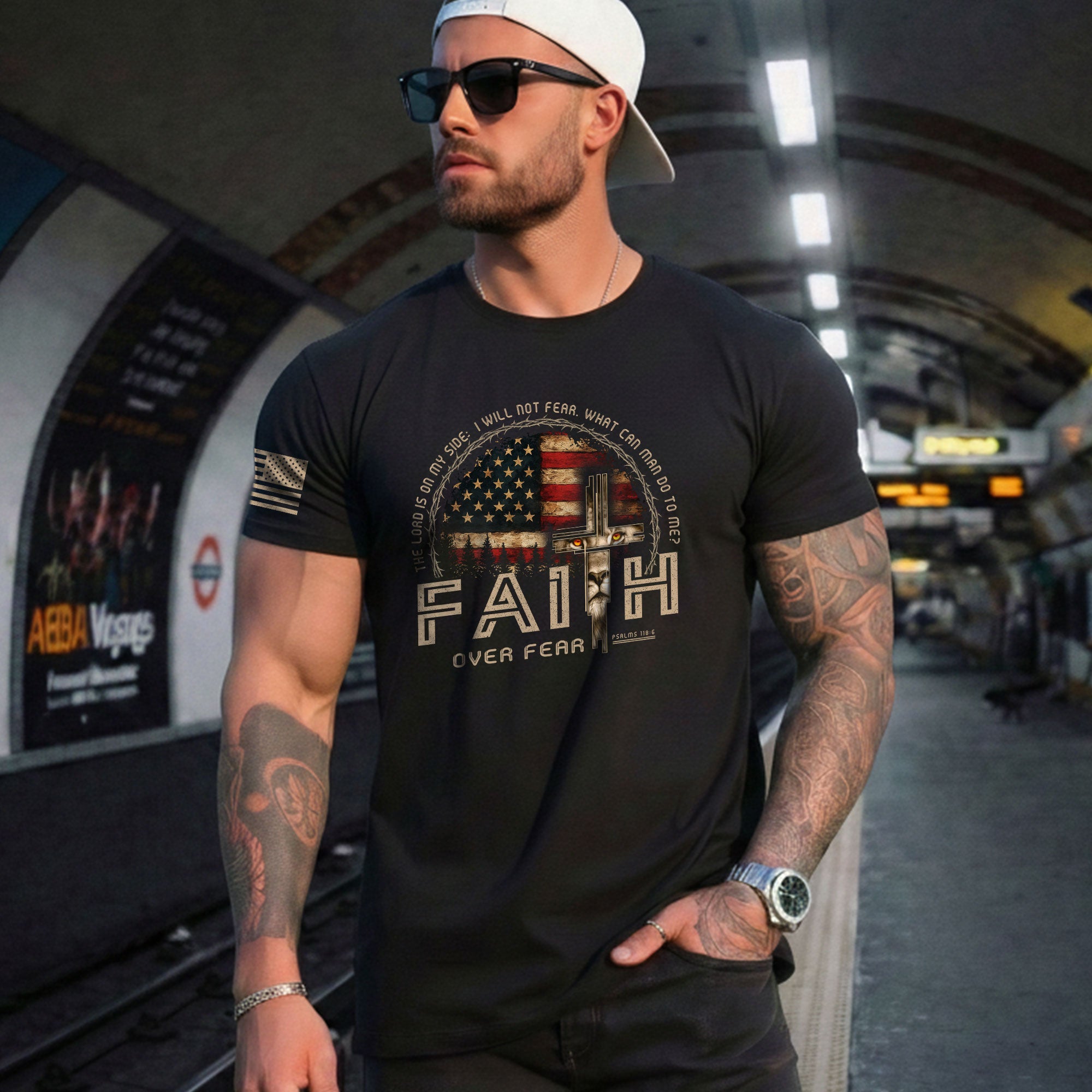 Faith Over Fear Psalms 118:6 Lion Cross American Flag Christian, Christian Shirts for Men - Christian Tee Shirts - Rust Field Wear