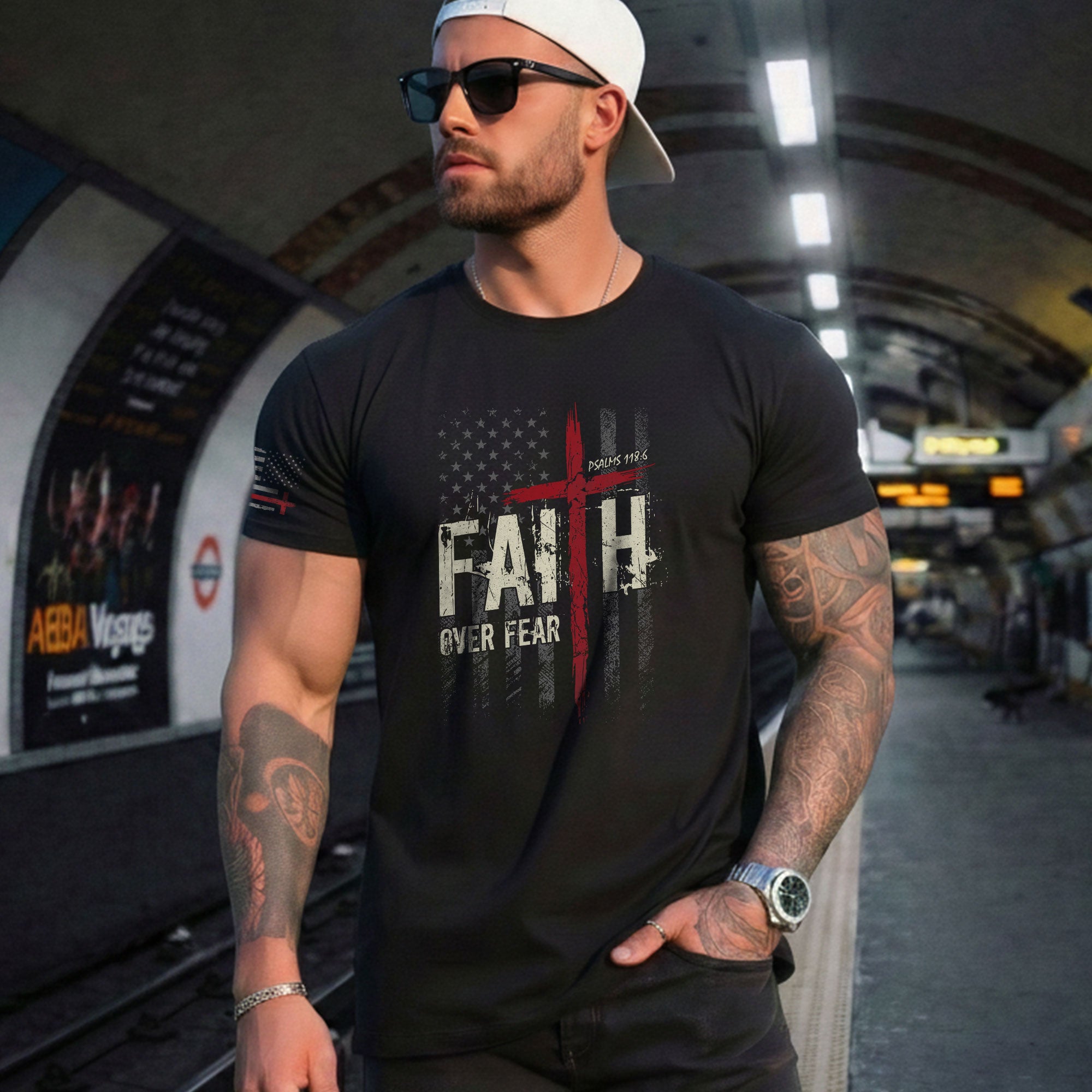 Christian Tee Shirts, Faith Over Fear Psalms 118:6 Red Cross American Flag Christian - Christian Shirts for Men - Rust Field Wear