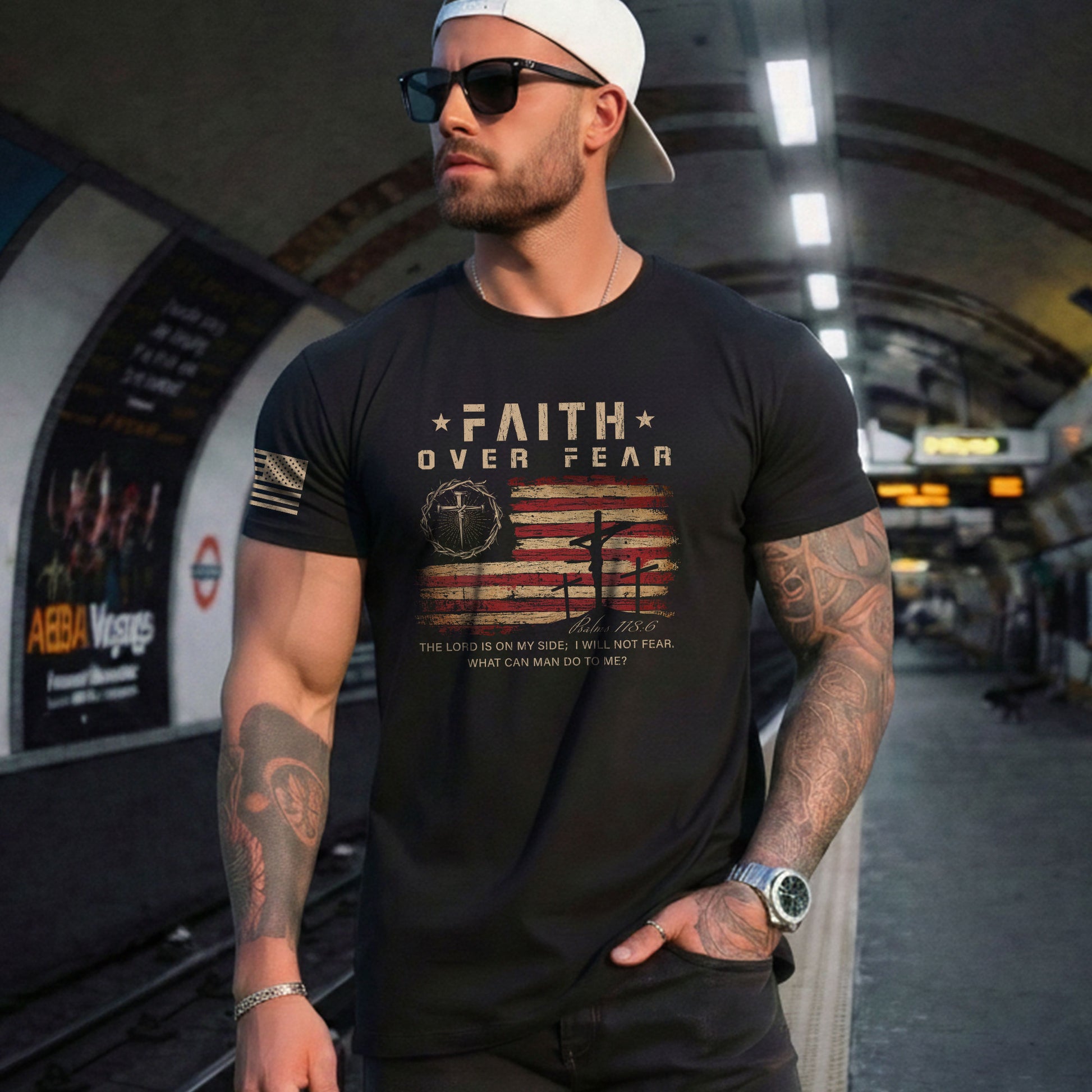 Faith Over Fear Psalms 118:6 Three Crosses American Flag Christian - Christian Tee Shirts, Christian Shirts for Men - Rust Field Wear