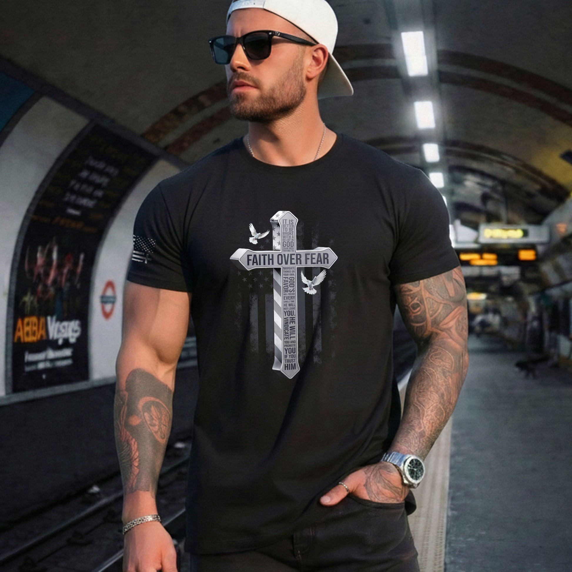 Faith Over Fear American Flag Cross Dove Christian, Christian Shirts for Men - Christian Tee Shirts - Rust Field Wear