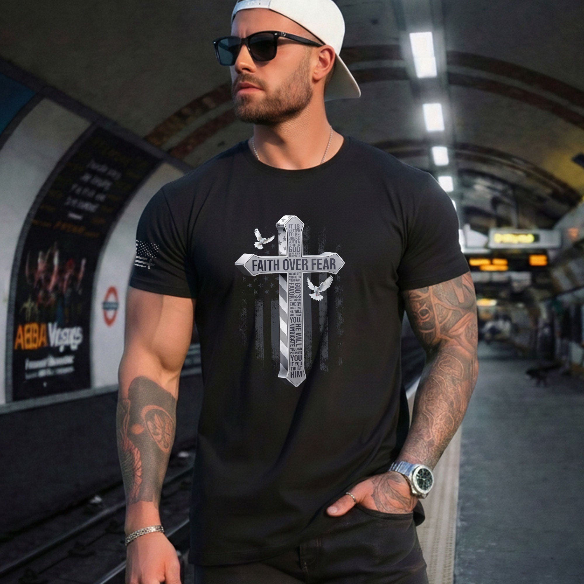 Faith Over Fear American Flag Cross Dove Christian, Christian Shirts for Men - Christian Tee Shirts - Rust Field Wear