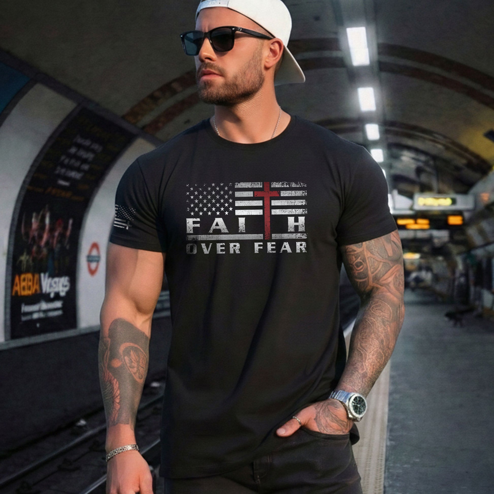 Faith Over Fear USA Flag Red Cross Christian - Christian Tee Shirts, Christian Shirts for Men - Rust Field Wear