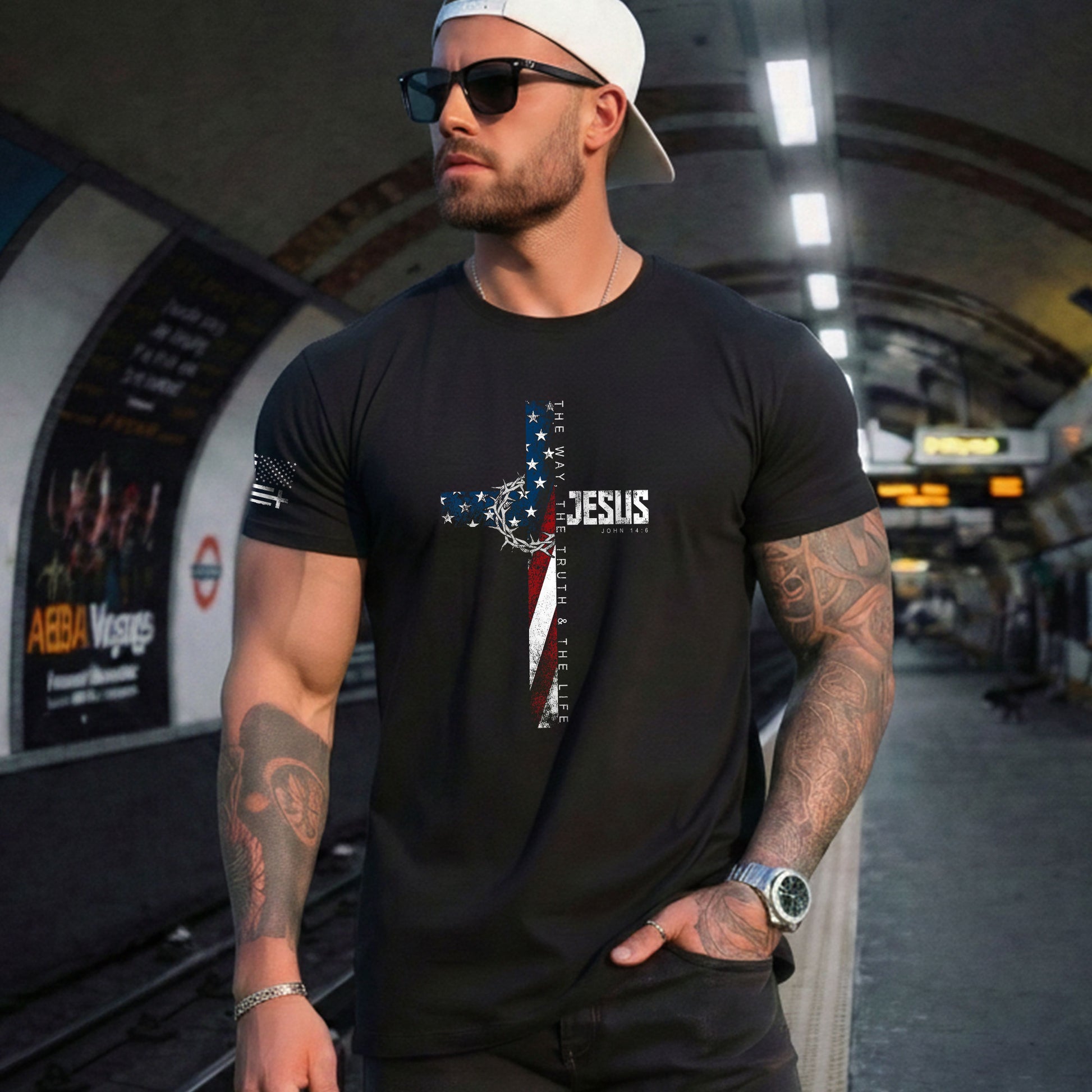 Christian Shirts for Men, Jesus John 14:6 American Flag Cross Crown Christian - Christian Tee Shirts - Rust Field Wear
