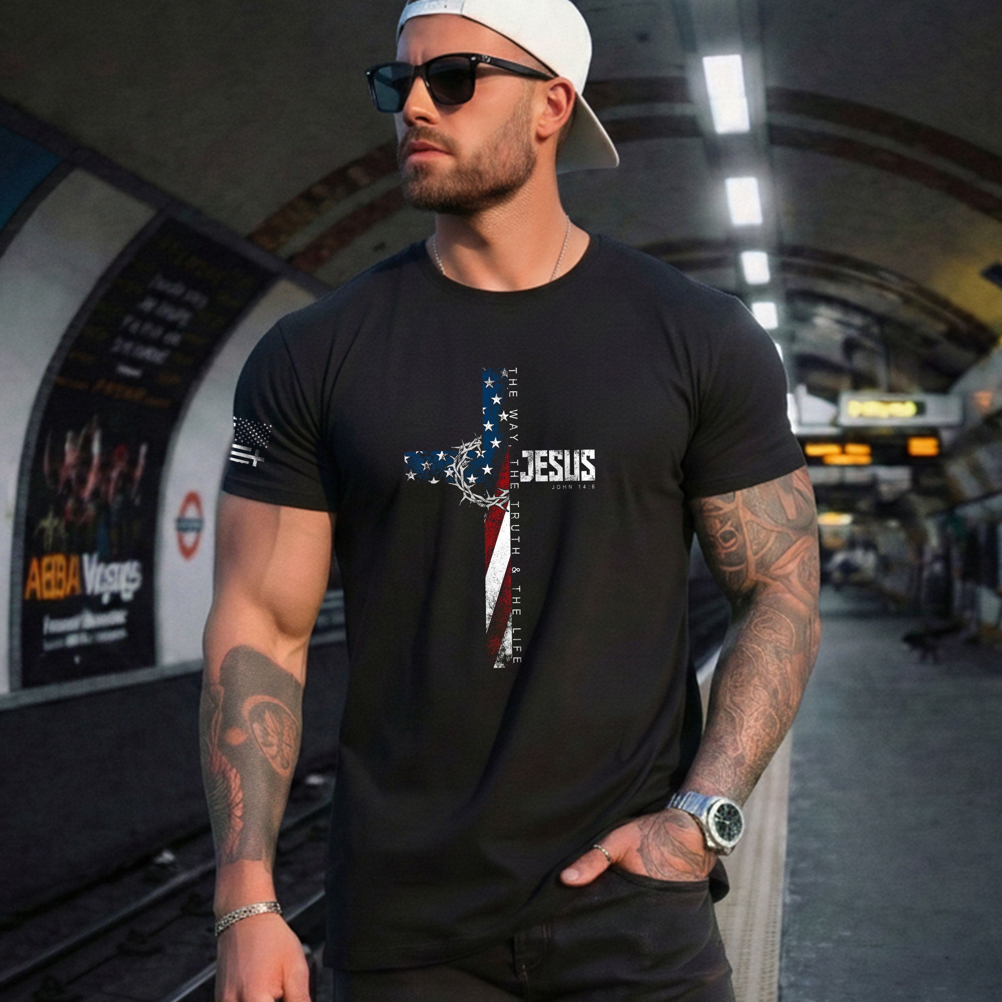 Christian Shirts for Men, Jesus John 14:6 American Flag Cross Crown Christian - Christian Tee Shirts - Rust Field Wear