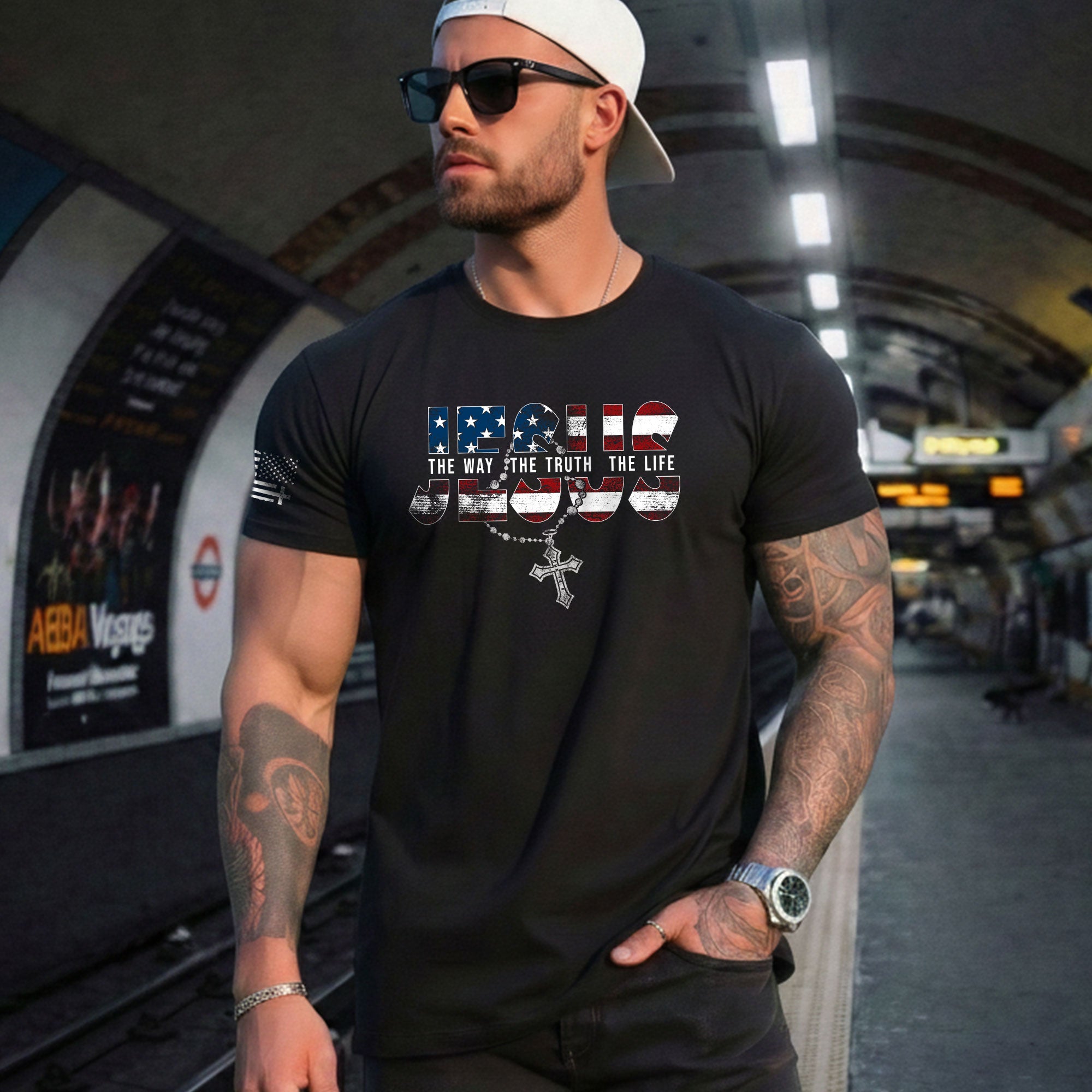 Jesus The Way The Truth The Life USA Flag Rosary Cross Christian, Christian Tee Shirts - Faith Shirts for Men - Rust Field Wear